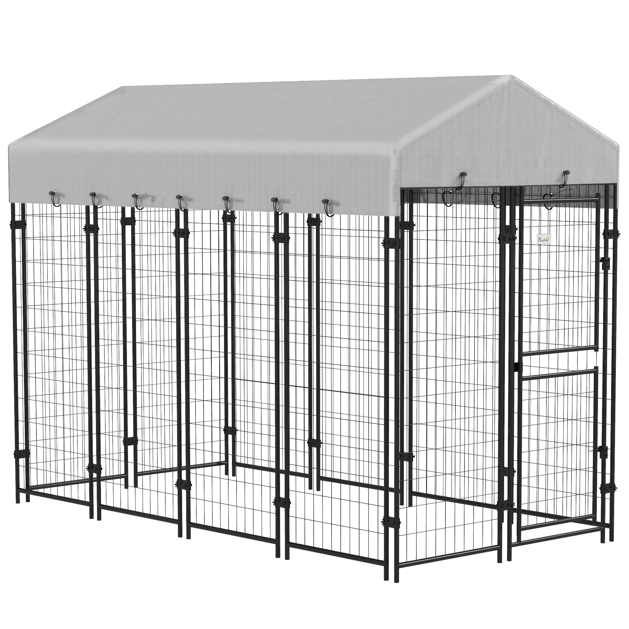 PawHut 7.8' x 4' x 6' Dog Kennel Outdoor with Waterproof Cover, Dog Playpen for Extra Large Dogs with Two Part Door Design, Silver