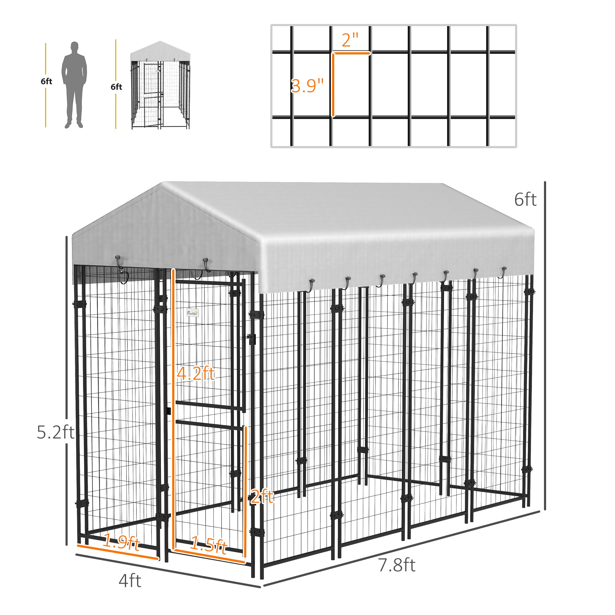 PawHut 7.8' x 4' x 6' Dog Kennel Outdoor with Waterproof Cover, Dog Playpen for Extra Large Dogs with Two Part Door Design, Silver