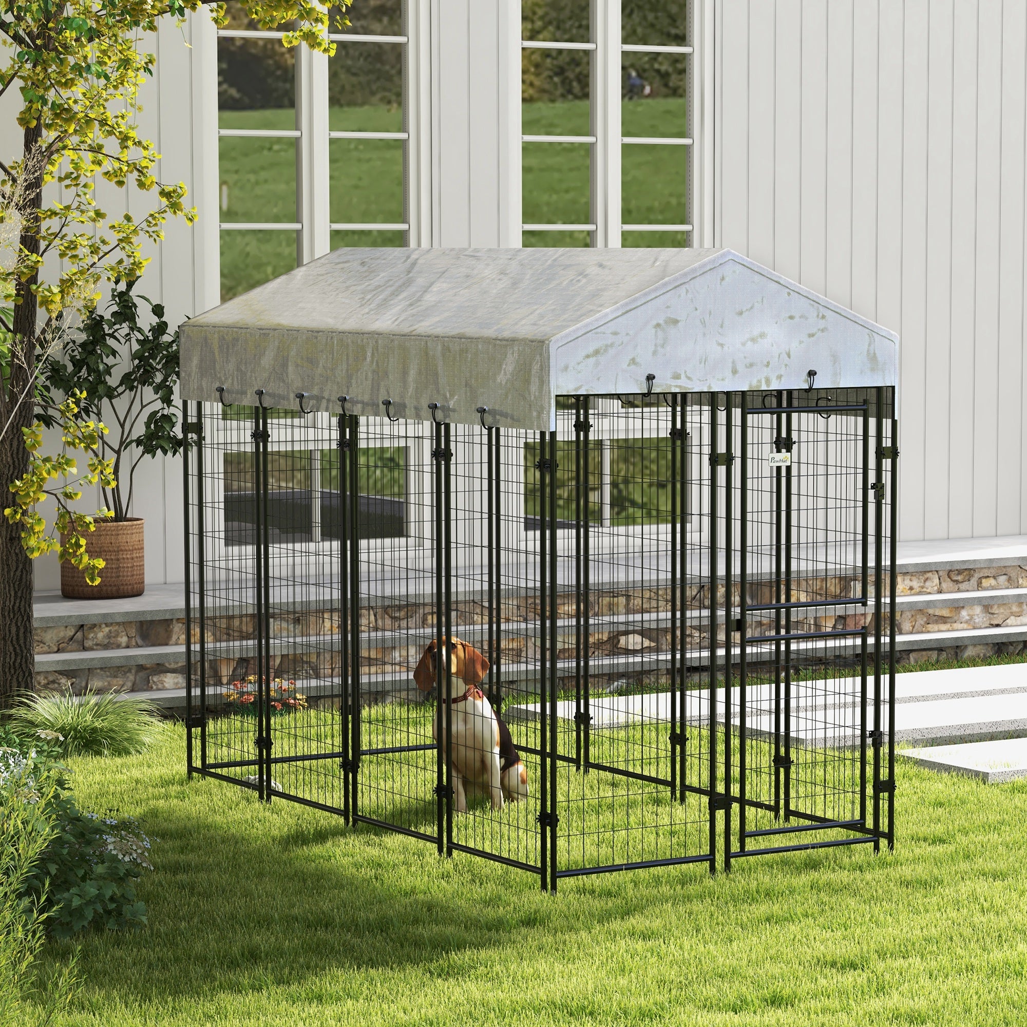 PawHut 7.8' x 4' x 6' Dog Kennel Outdoor with Waterproof Cover, Dog Playpen for Extra Large Dogs with Two Part Door Design, Silver