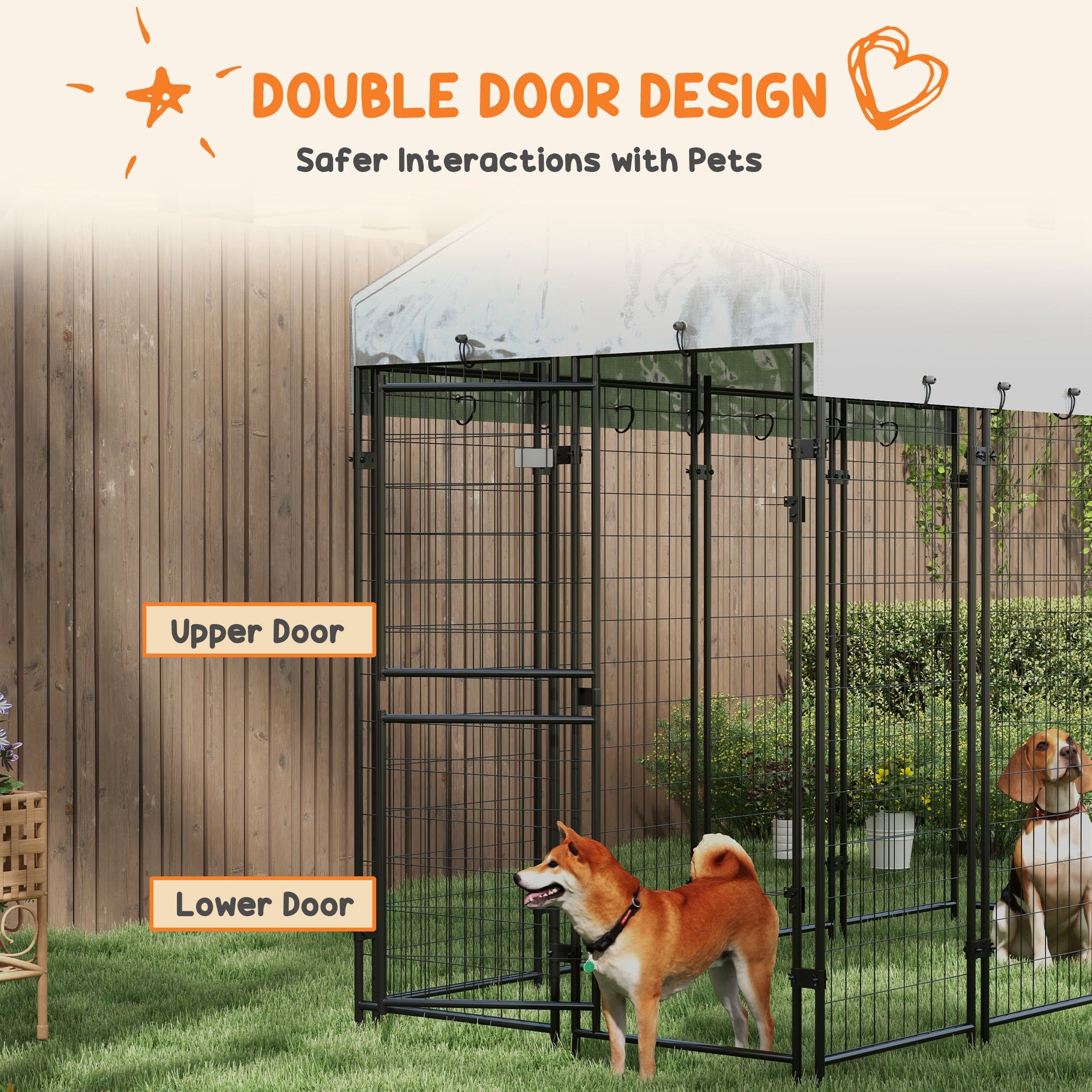 PawHut 7.8' x 4' x 6' Dog Kennel Outdoor with Waterproof Cover, Dog Playpen for Extra Large Dogs with Two Part Door Design, Silver