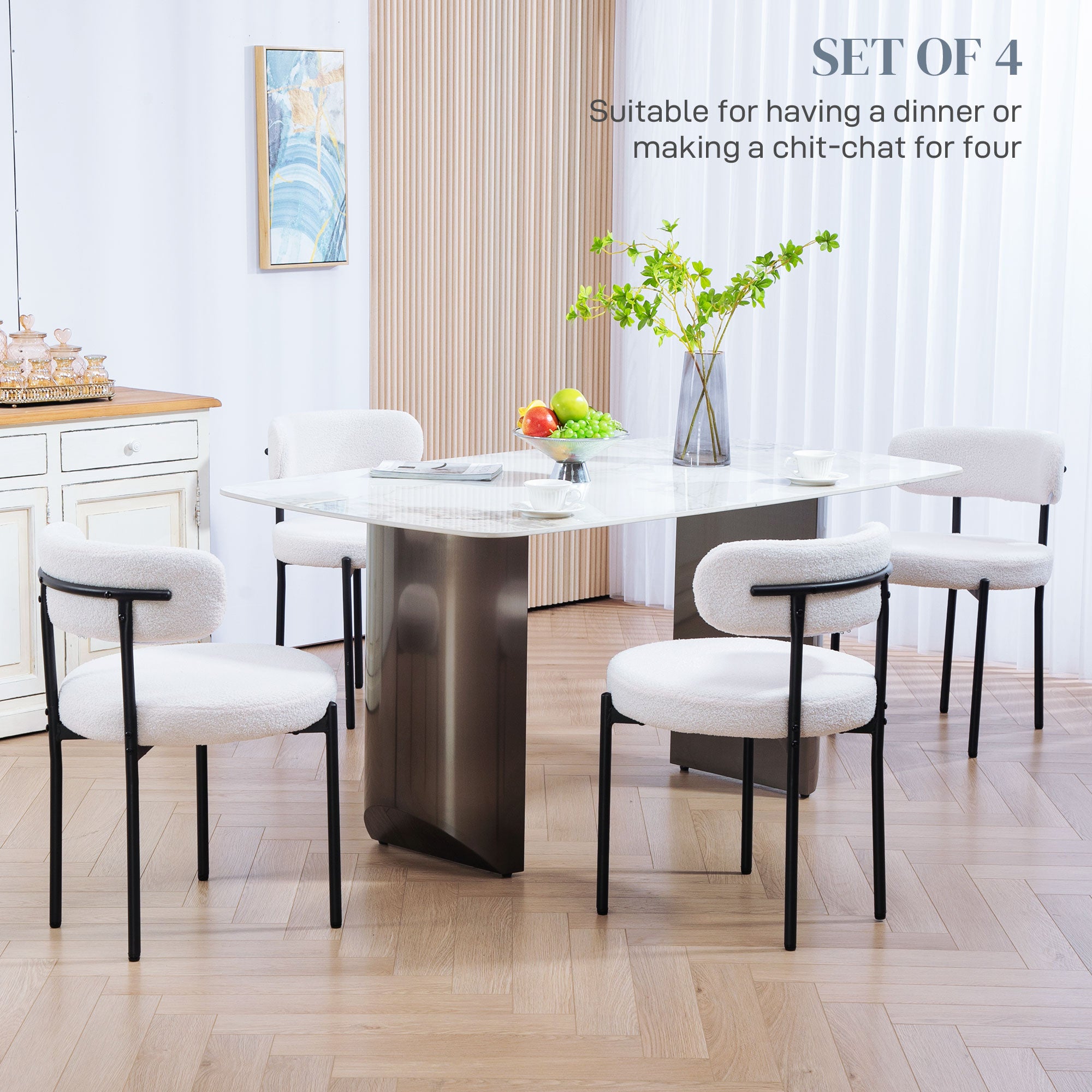 HOMCOM Dining Chairs Set of 4, Modern Kitchen Chairs with Berber Fleece Upholstery and Steel Legs for Living Room, Bedroom, Cream White
