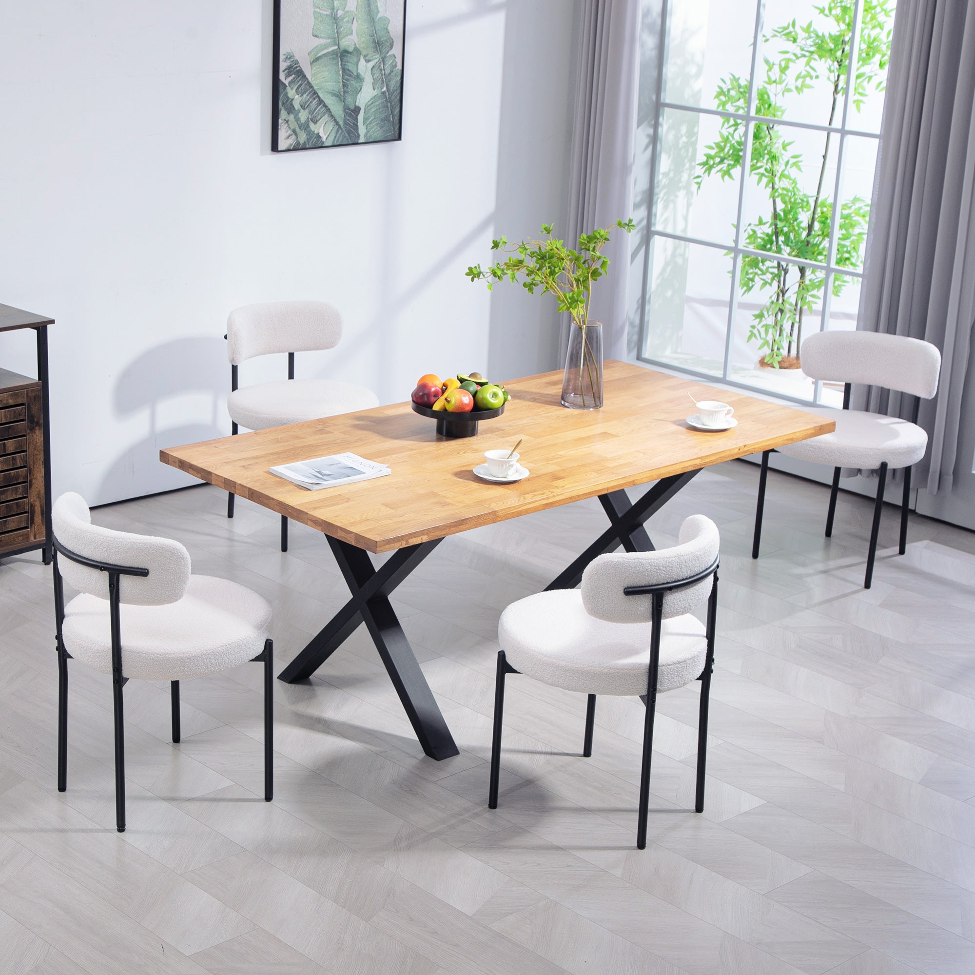 HOMCOM Dining Chairs Set of 4, Modern Kitchen Chairs with Berber Fleece Upholstery and Steel Legs for Living Room, Bedroom, Cream White