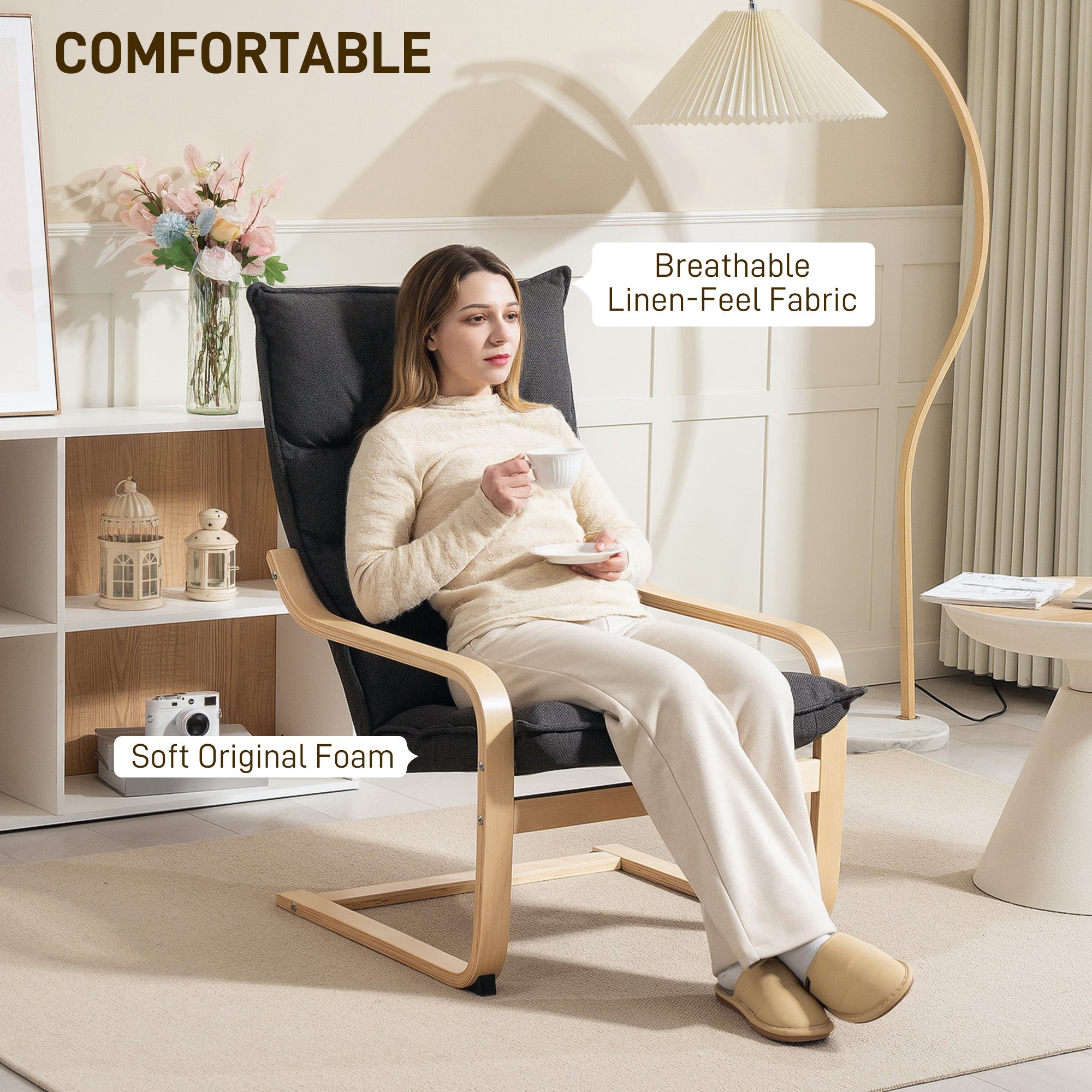 HOMCOM Modern Armchair, Upholstered Linen Accent Chair with Curved Leg and Arm, Leisure Lounge Chair for Living Room, Bedroom, Balcony, Office, Dark Grey