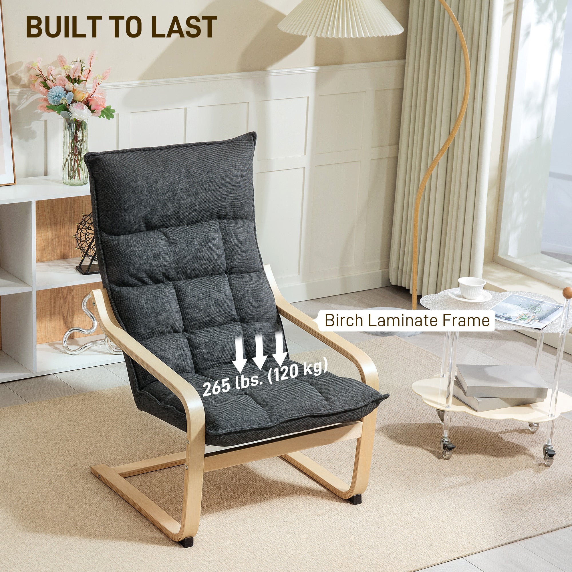 HOMCOM Modern Armchair, Upholstered Linen Accent Chair with Curved Leg and Arm, Leisure Lounge Chair for Living Room, Bedroom, Balcony, Office, Dark Grey