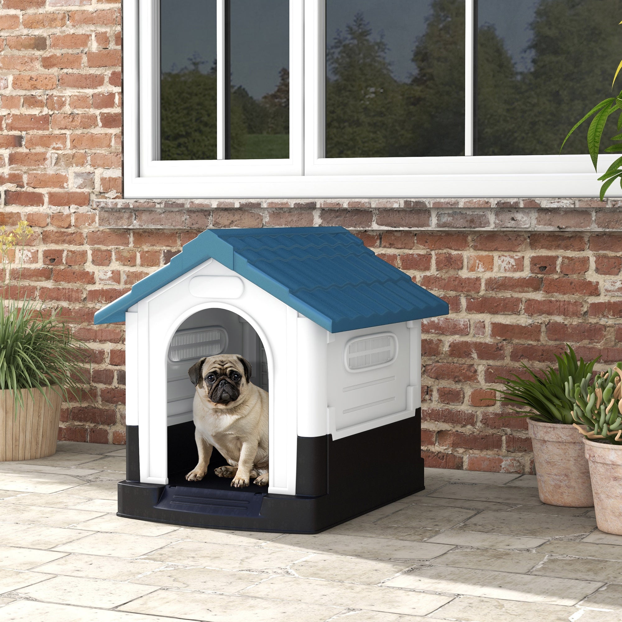 PawHut Dog Kennel for Outside, Plastic Dog House, Water-Resistant Pet Shelter with Windows, for Garden Patio, Miniature and Small Dogs, 80 x 69 x 76cm - Blue