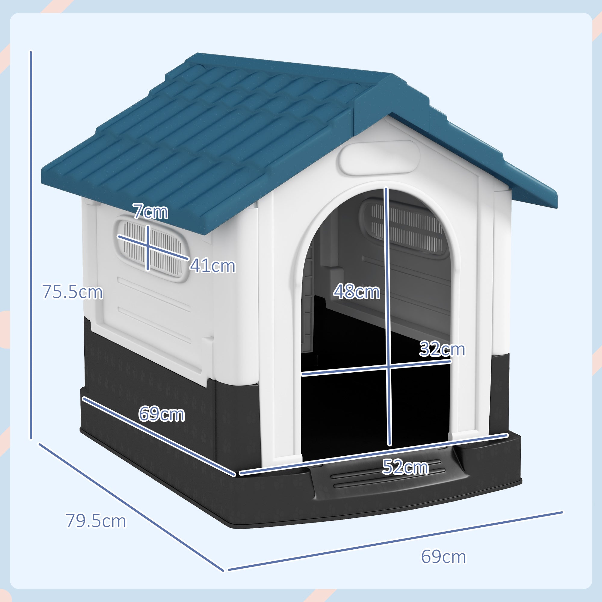 PawHut Dog Kennel for Outside, Plastic Dog House, Water-Resistant Pet Shelter with Windows, for Garden Patio, Miniature and Small Dogs, 80 x 69 x 76cm - Blue