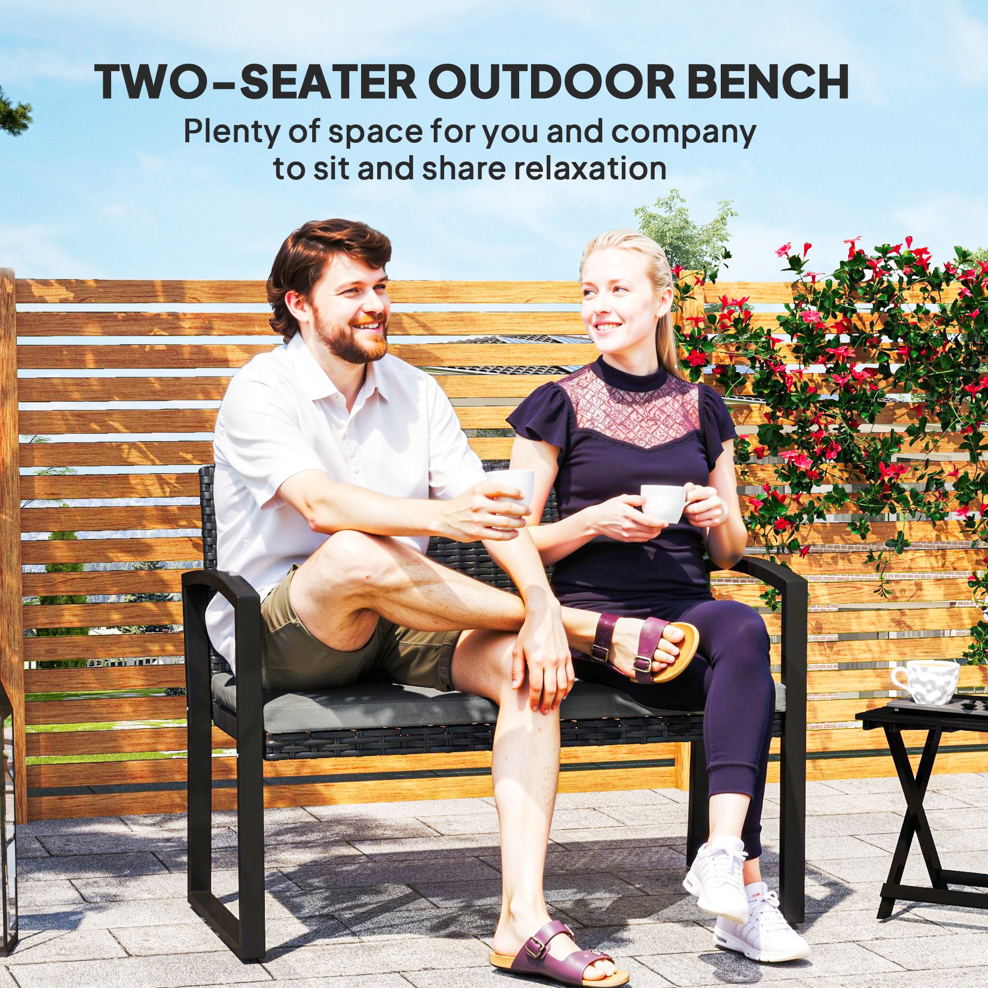 Outsunny 2 Seater Wicker Outdoor Bench, Rattan Garden Bench with Cushion, Outdoor Loveseat with Armrests, Galvanised Steel Frame for Patio, Porch, Backyard, Light Grey