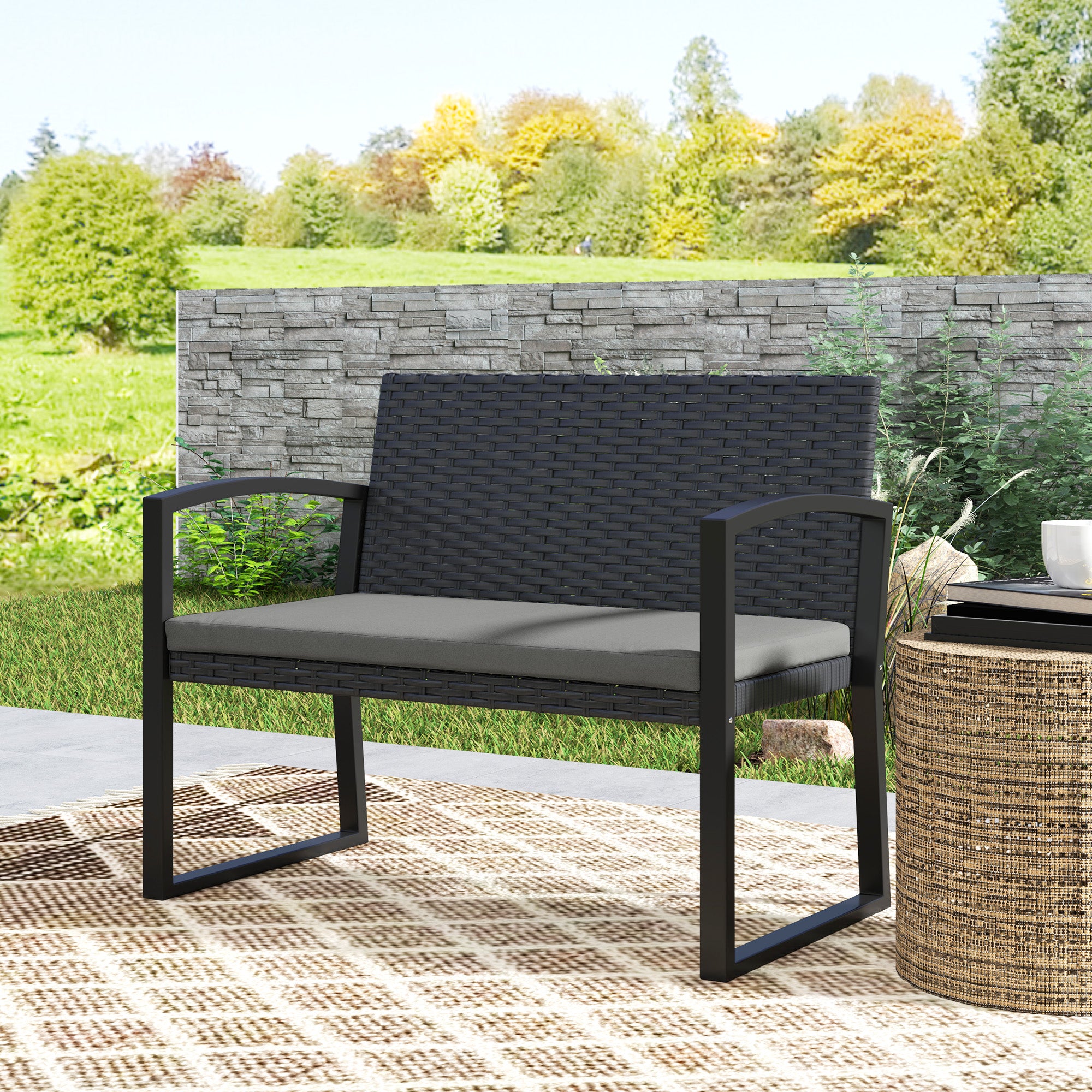 Outsunny 2 Seater Wicker Outdoor Bench, Rattan Garden Bench with Cushion, Outdoor Loveseat with Armrests, Galvanised Steel Frame for Patio, Porch, Backyard, Light Grey