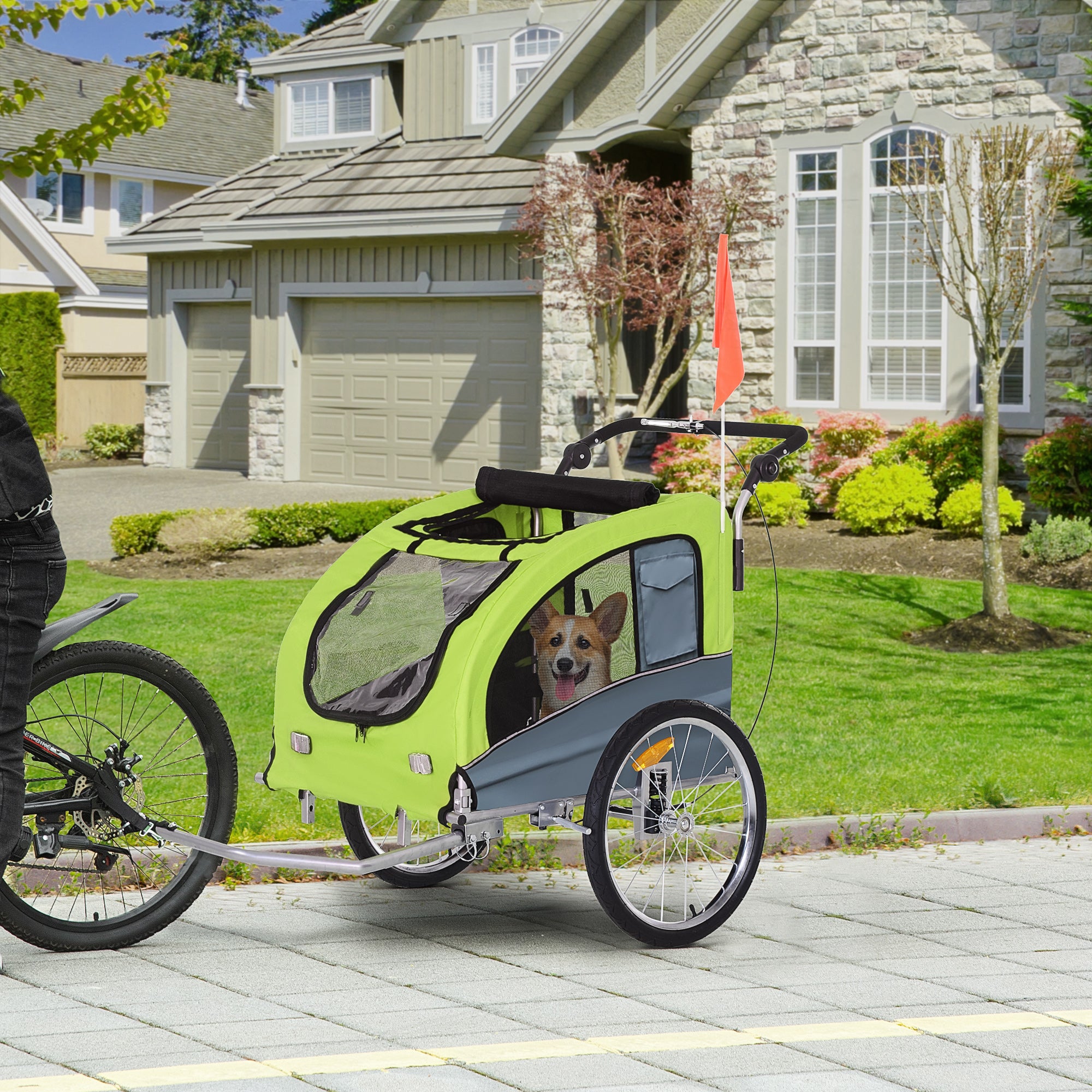 PawHut Dog Bike Trailer Pet Stroller Cart Carrier for Bicycle 360° Rotatable with Reflectors 3 Wheels Hitch Coupler Push/ Pull/ Brake Water Resistant Green