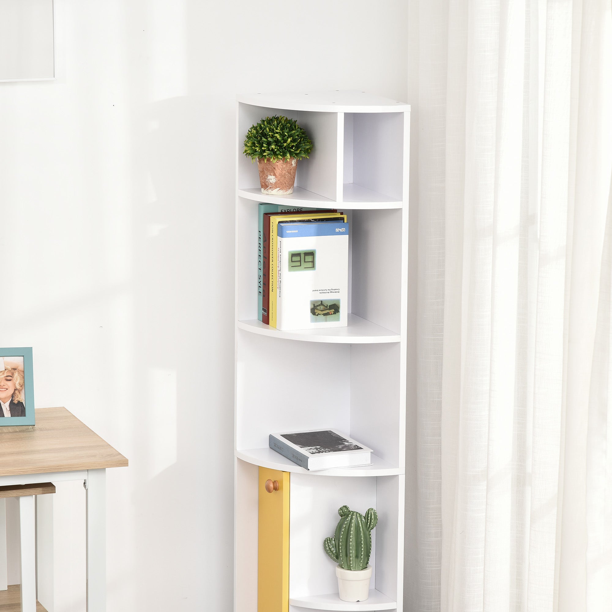 HOMCOM 5-Tier Corner Bookcase, Storage Bookshelf, Freestanding Display Shelves with Open Compartments and Cabinet for Home Office, Living Room, Study, White