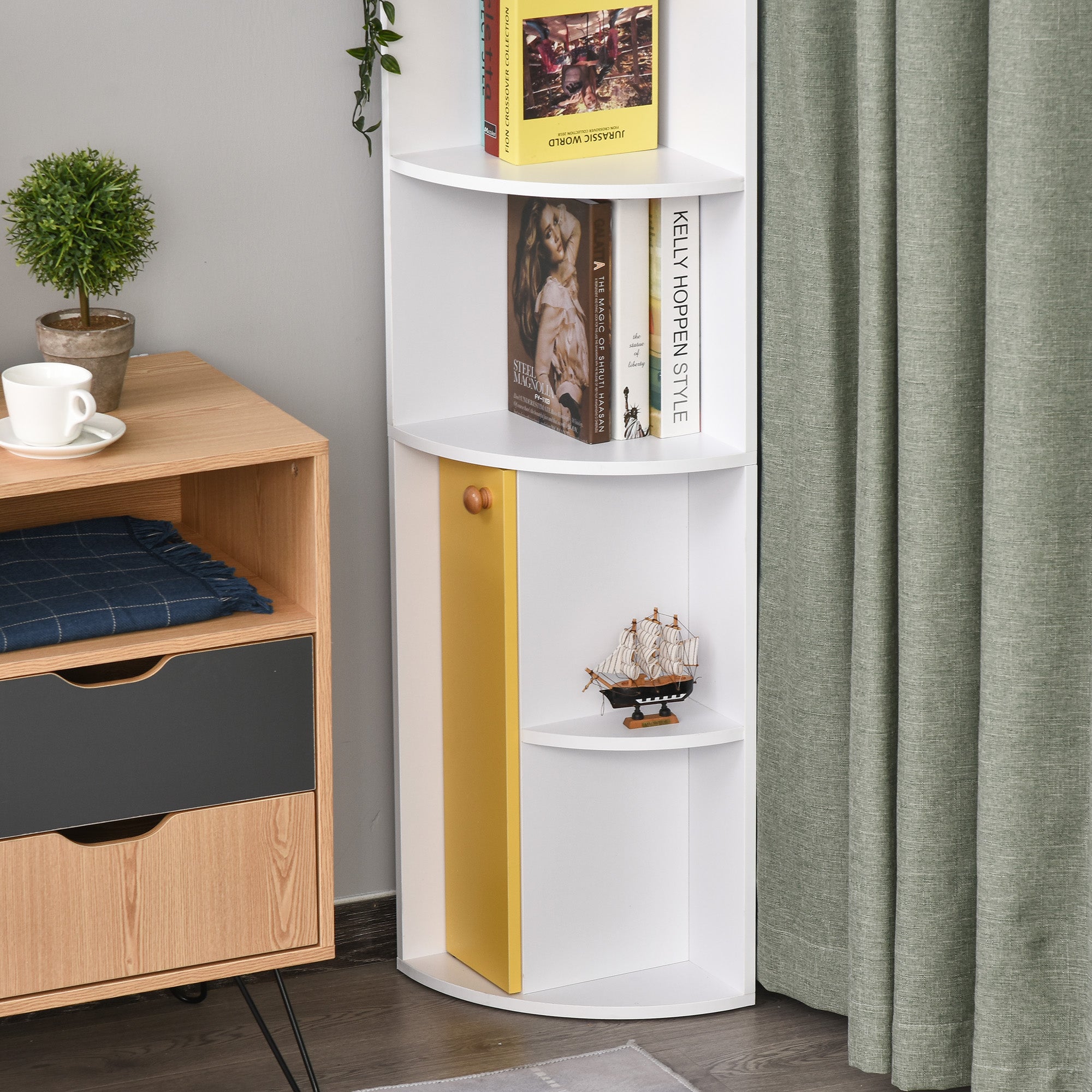 HOMCOM 5-Tier Corner Bookcase, Storage Bookshelf, Freestanding Display Shelves with Open Compartments and Cabinet for Home Office, Living Room, Study, White