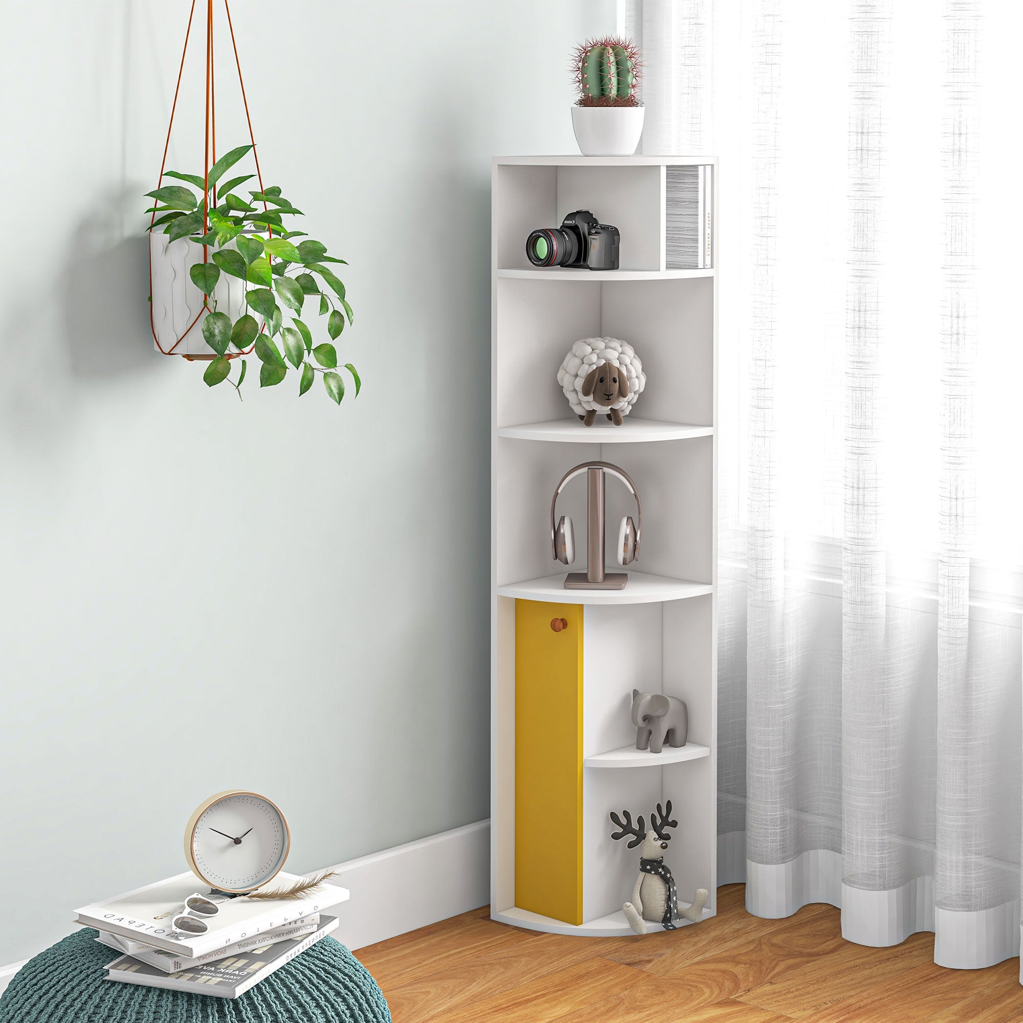 HOMCOM 5-Tier Corner Bookcase, Storage Bookshelf, Freestanding Display Shelves with Open Compartments and Cabinet for Home Office, Living Room, Study, White