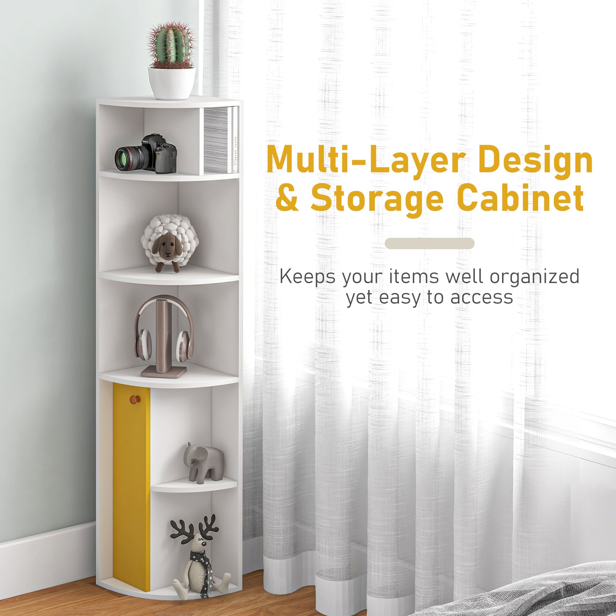 HOMCOM 5-Tier Corner Bookcase, Storage Bookshelf, Freestanding Display Shelves with Open Compartments and Cabinet for Home Office, Living Room, Study, White