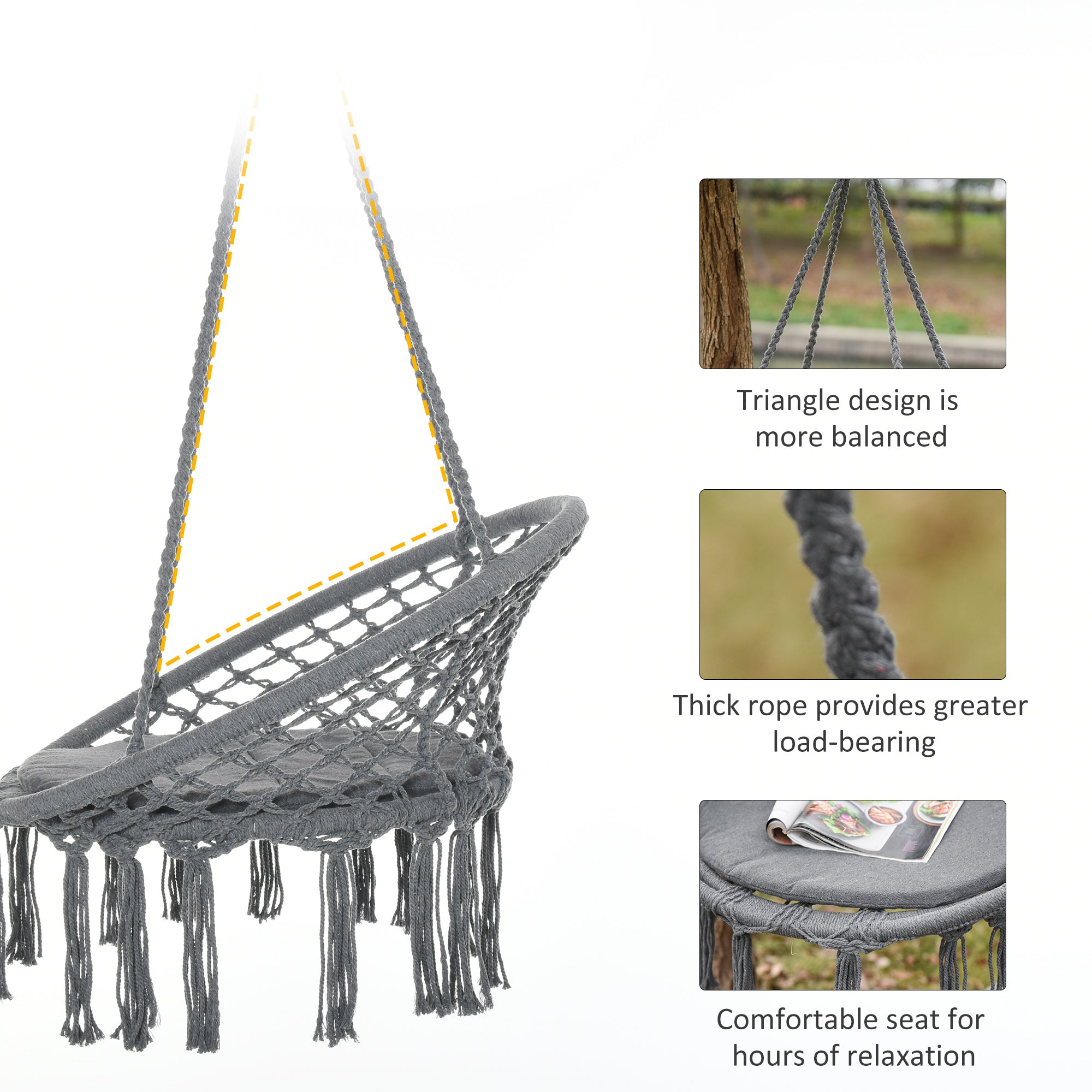 Outsunny Patio Hammock Chair, Hanging Rope Hammock Swing for Indoor & Outdoor Use with Backrest, Cotton-Polyester Blend, Fringe Tassels, Dark Grey