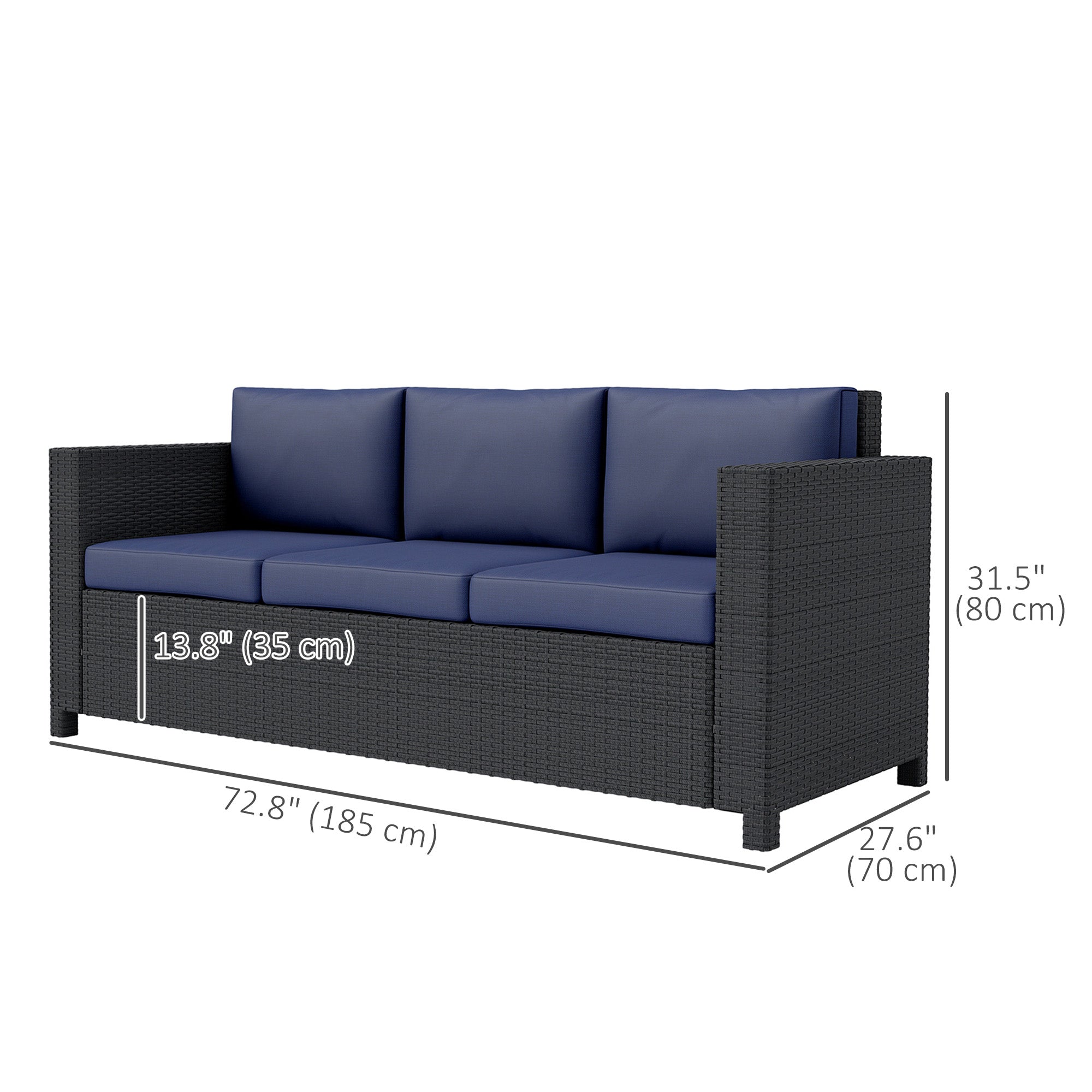 Outsunny Deluxe 3 Seat Rattan Wicker Sofa Garden Outdoor Patio Furniture with Cushion, Navy Blue