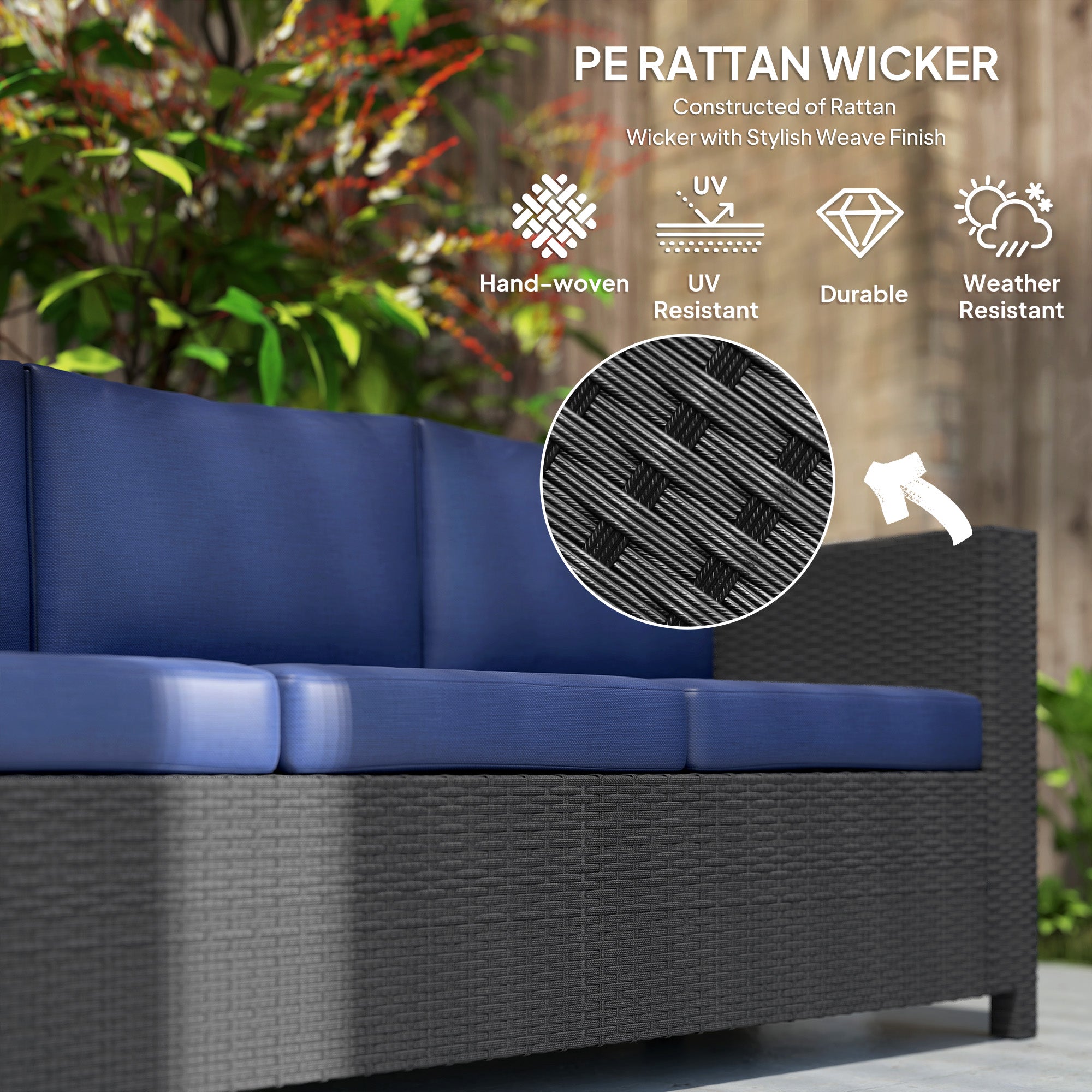 Outsunny Deluxe 3 Seat Rattan Wicker Sofa Garden Outdoor Patio Furniture with Cushion, Navy Blue