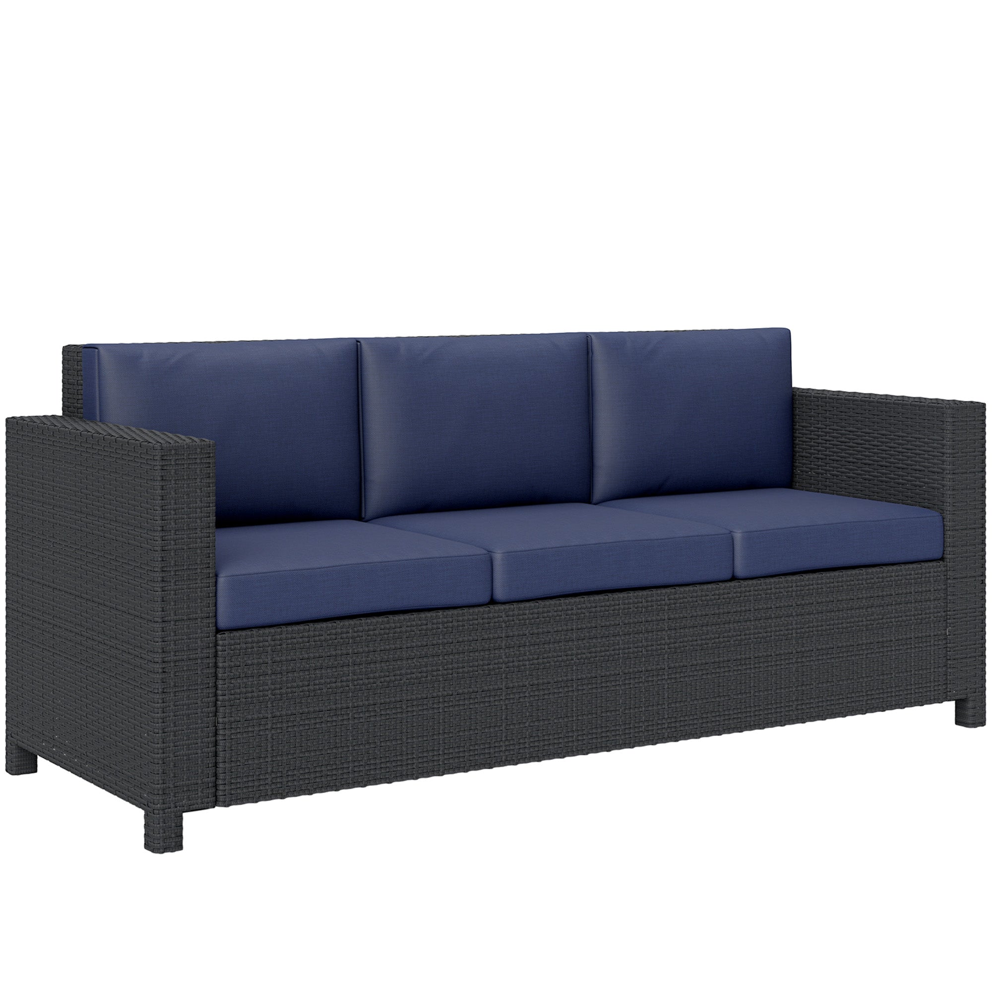 Outsunny Deluxe 3 Seat Rattan Wicker Sofa Garden Outdoor Patio Furniture with Cushion, Navy Blue