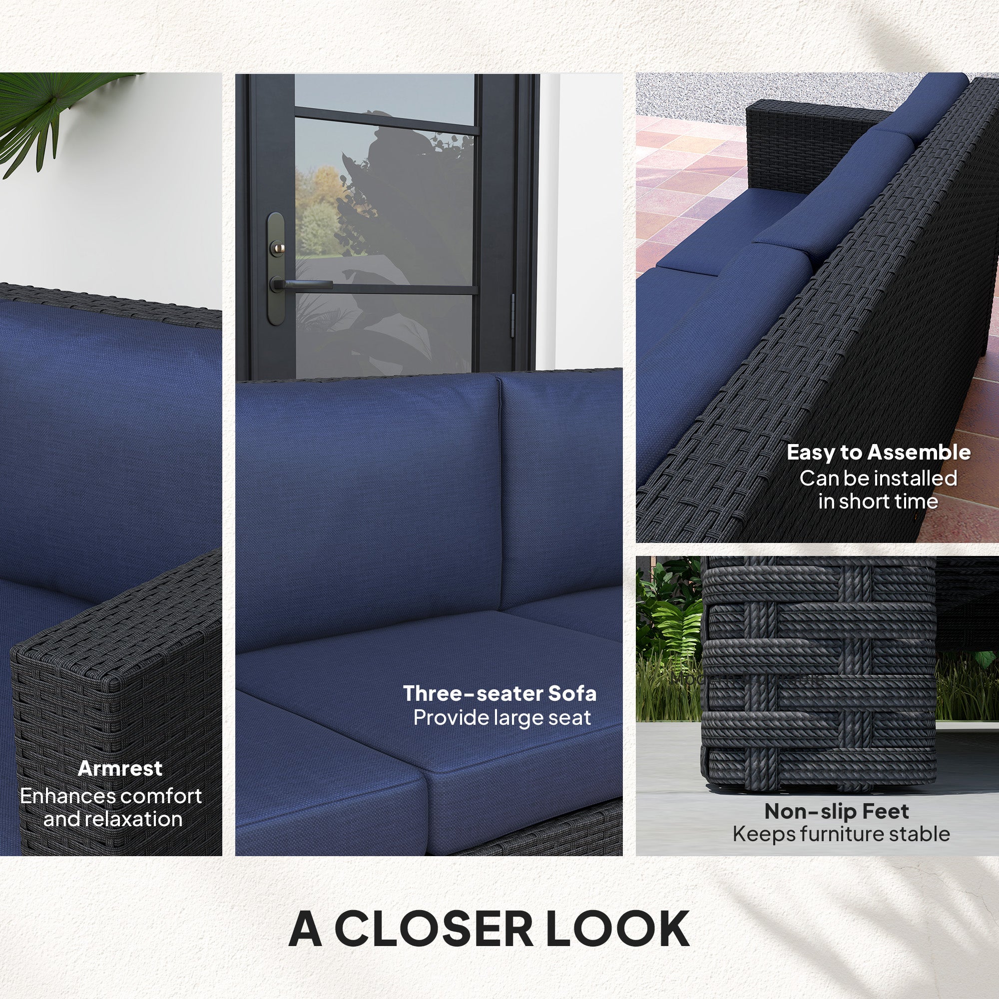 Outsunny Deluxe 3 Seat Rattan Wicker Sofa Garden Outdoor Patio Furniture with Cushion, Navy Blue