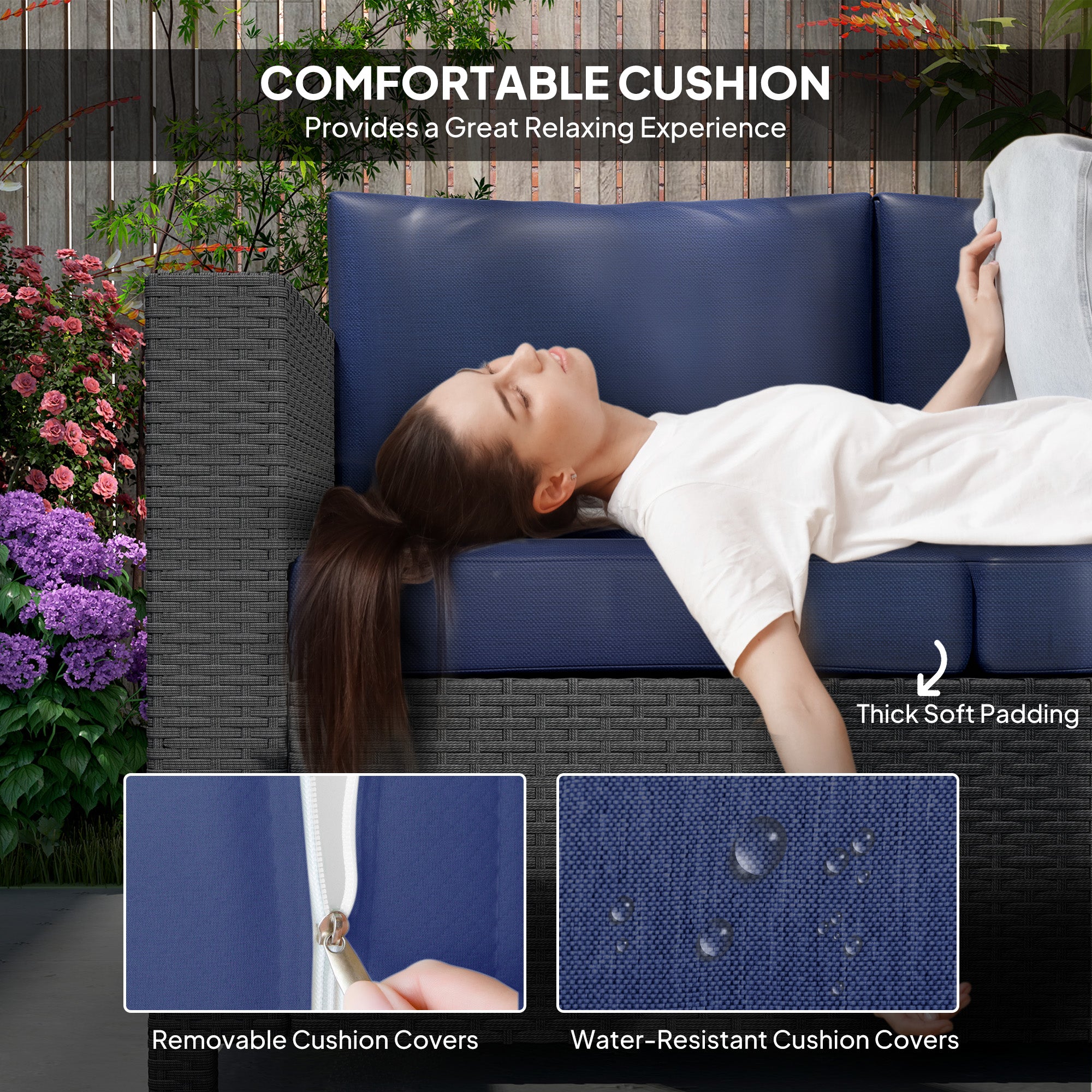 Outsunny Deluxe 3 Seat Rattan Wicker Sofa Garden Outdoor Patio Furniture with Cushion, Navy Blue