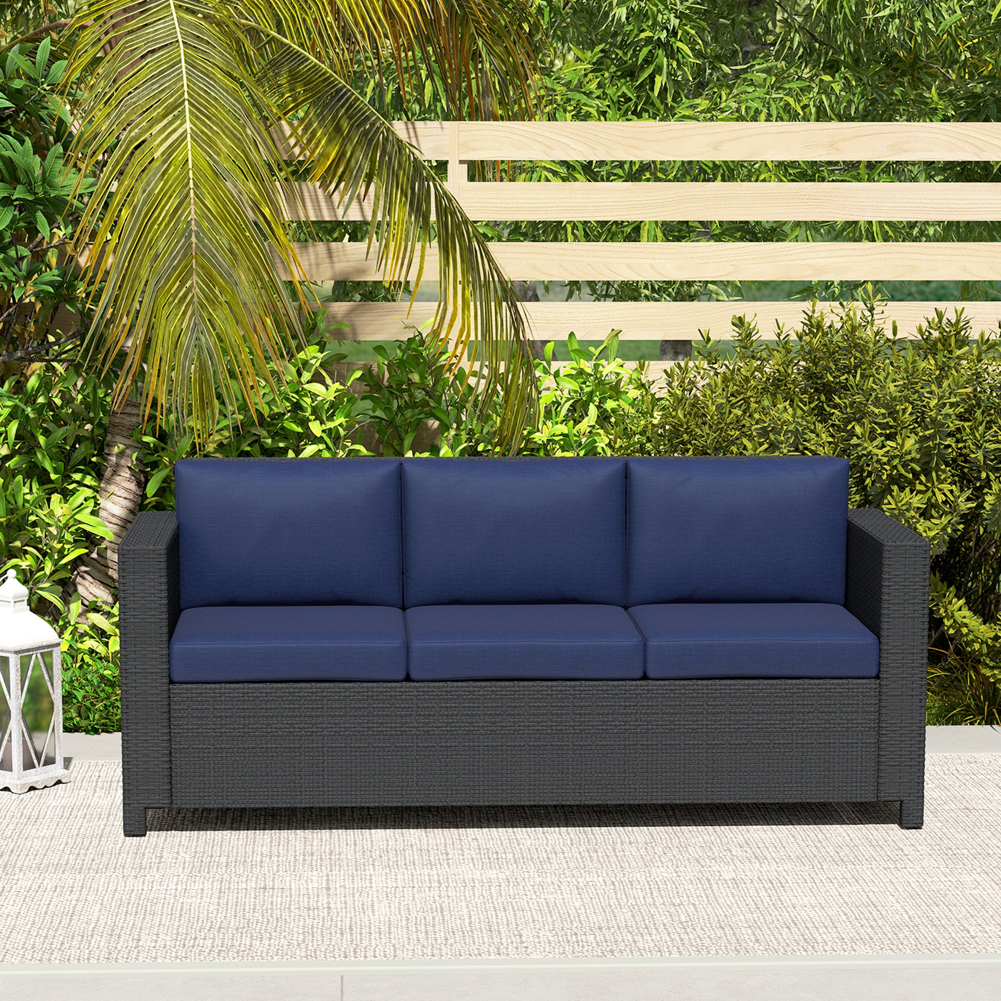 Outsunny Deluxe 3 Seat Rattan Wicker Sofa Garden Outdoor Patio Furniture with Cushion, Navy Blue