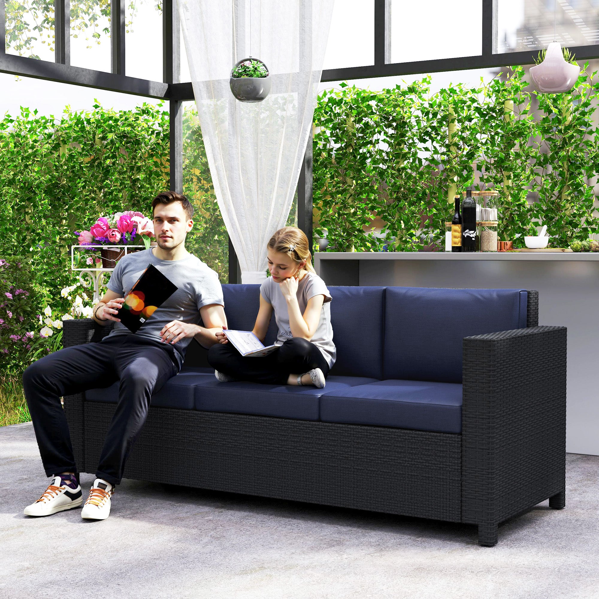 Outsunny Deluxe 3 Seat Rattan Wicker Sofa Garden Outdoor Patio Furniture with Cushion, Navy Blue