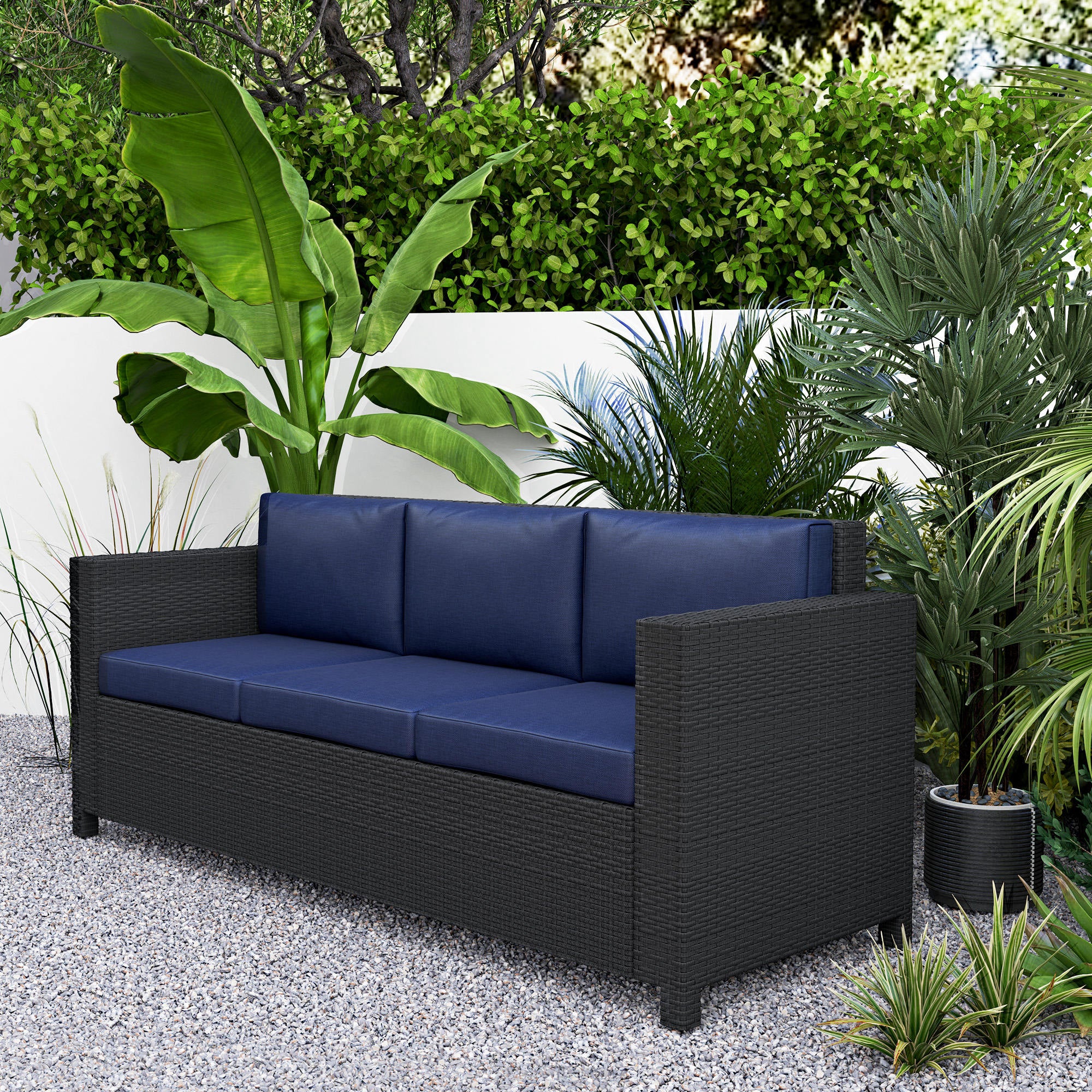 Outsunny Deluxe 3 Seat Rattan Wicker Sofa Garden Outdoor Patio Furniture with Cushion, Navy Blue
