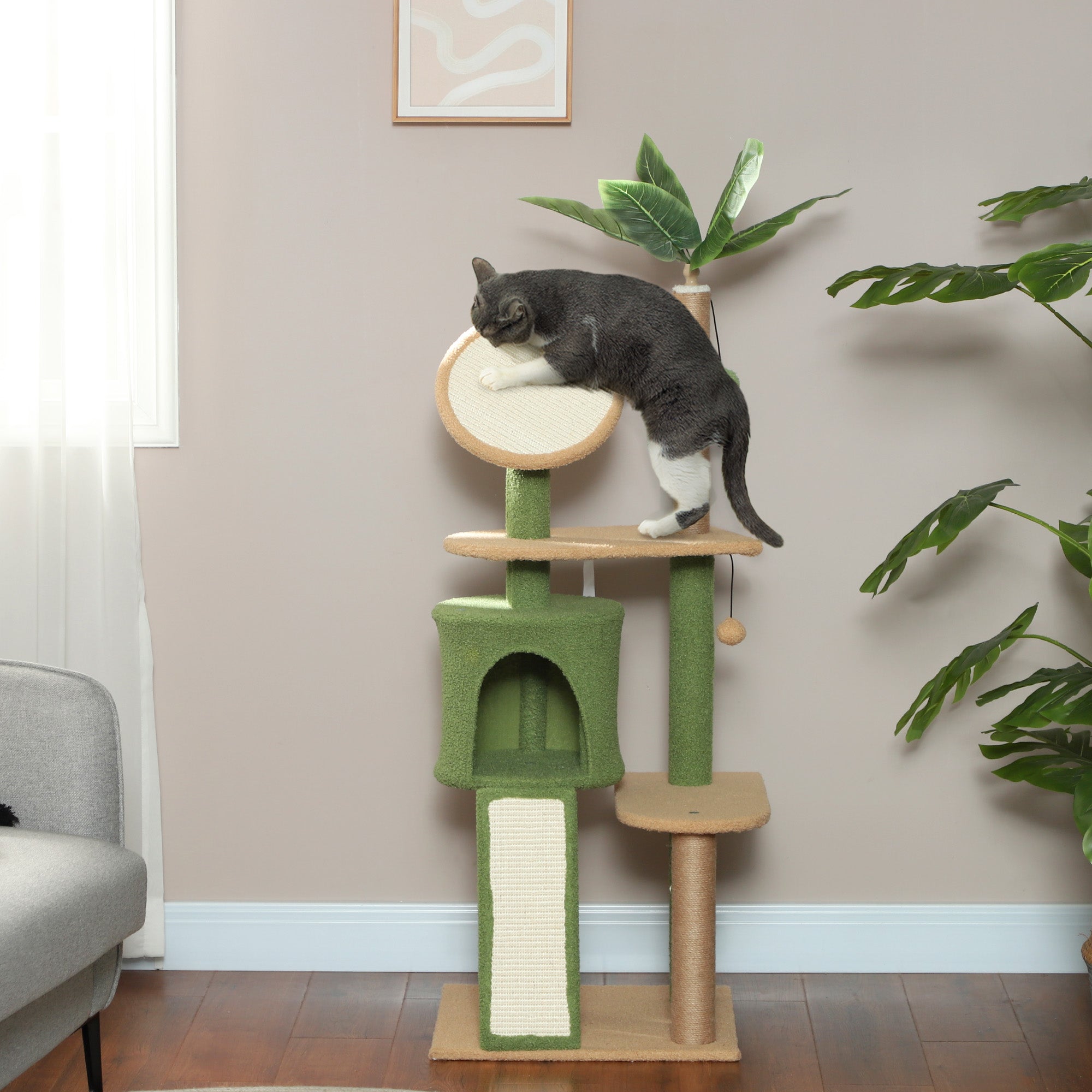 PawHut Cat Tree for Large Adult Indoor Cat with Green Leaves, 55 Inch Cat Tower with Cat Scratching Posts, Cat Condo, Scratching Pad, Ramp, Two Dangling Balls, Green