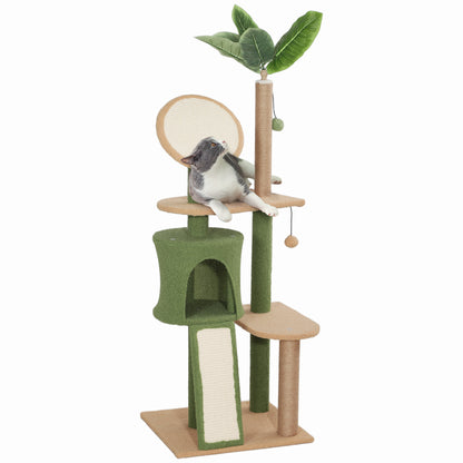 PawHut Cat Tree for Large Adult Indoor Cat with Green Leaves, 55 Inch Cat Tower with Cat Scratching Posts, Cat Condo, Scratching Pad, Ramp, Two Dangling Balls, Green