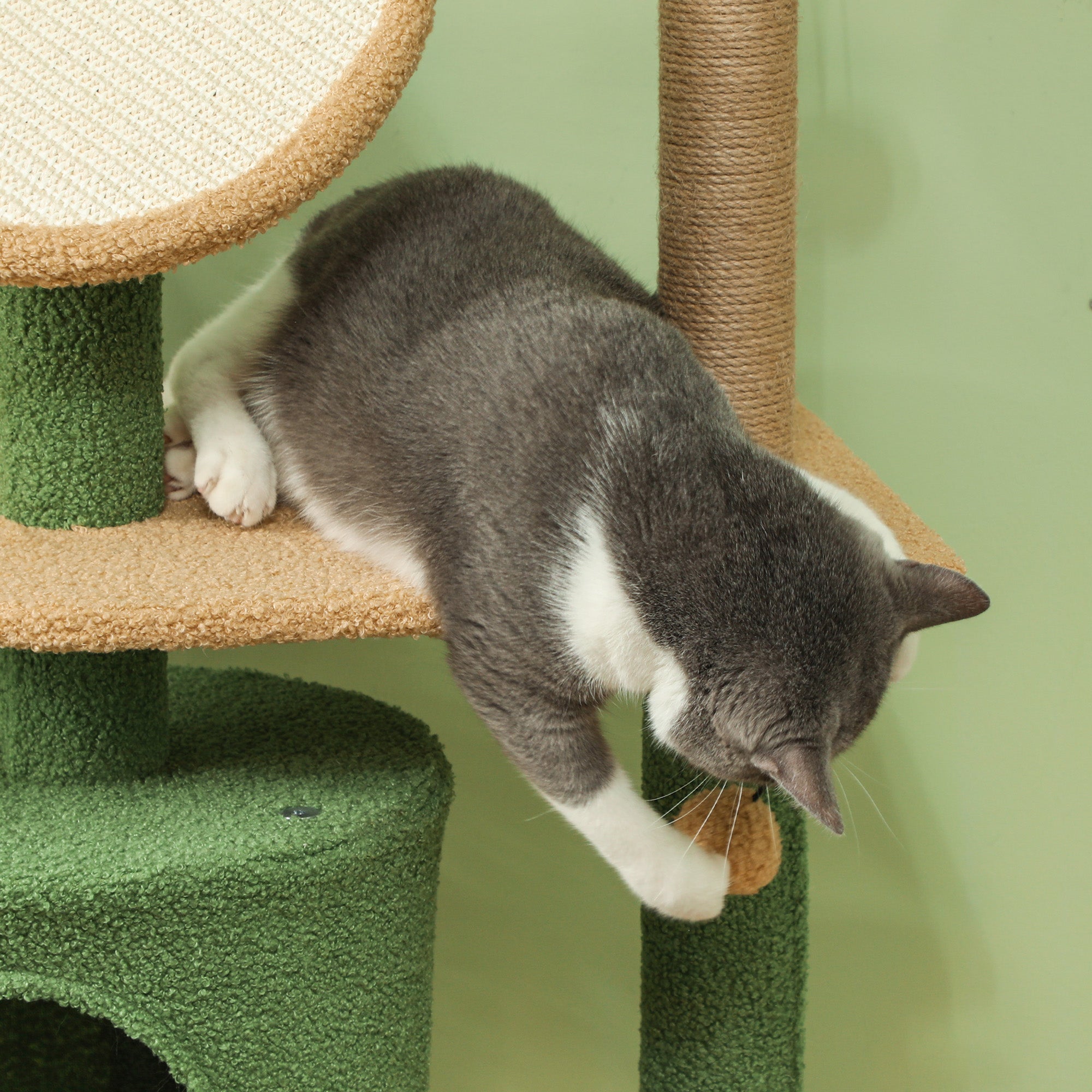 PawHut Cat Tree for Large Adult Indoor Cat with Green Leaves, 55 Inch Cat Tower with Cat Scratching Posts, Cat Condo, Scratching Pad, Ramp, Two Dangling Balls, Green