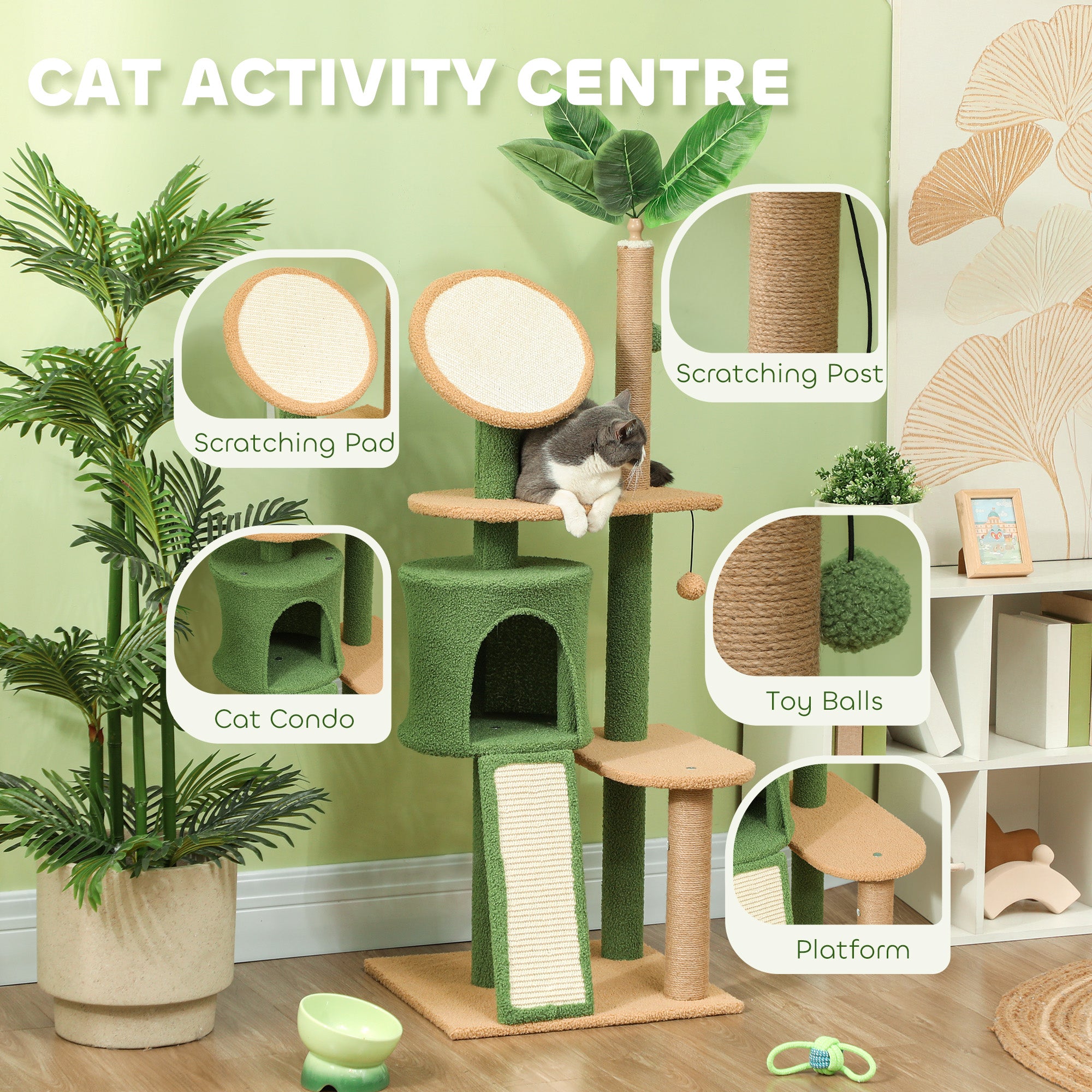PawHut Cat Tree for Large Adult Indoor Cat with Green Leaves, 55 Inch Cat Tower with Cat Scratching Posts, Cat Condo, Scratching Pad, Ramp, Two Dangling Balls, Green