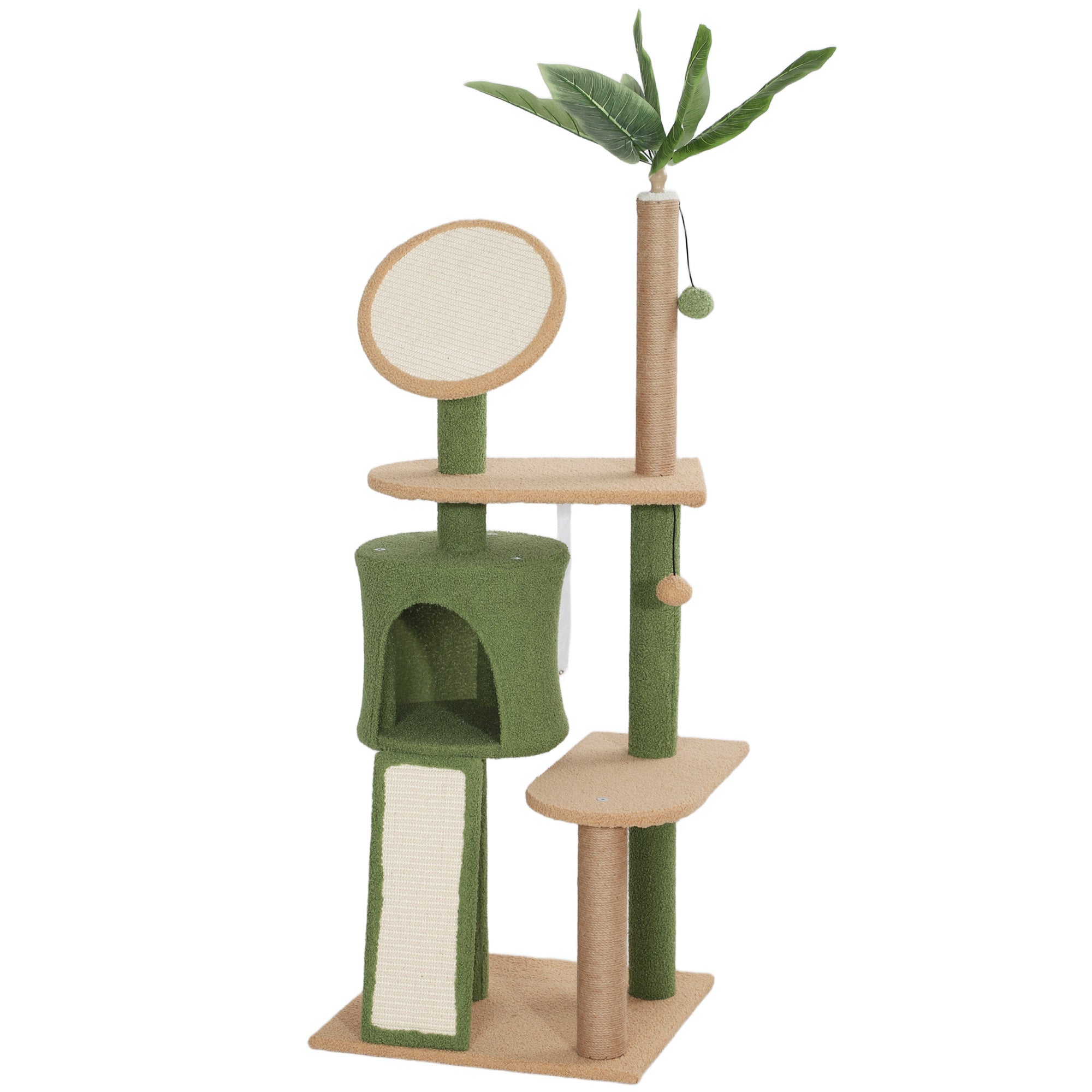 PawHut Cat Tree for Large Adult Indoor Cat with Green Leaves, 55 Inch Cat Tower with Cat Scratching Posts, Cat Condo, Scratching Pad, Ramp, Two Dangling Balls, Green