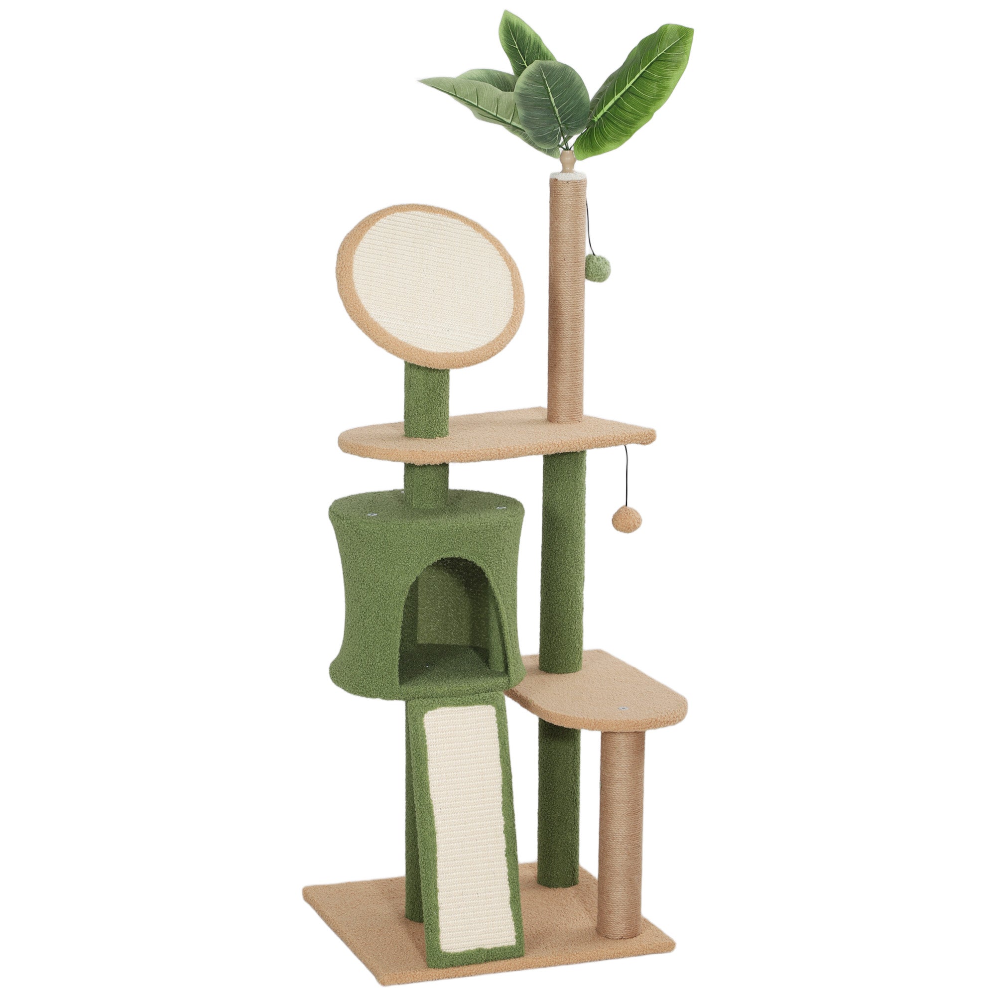 PawHut Cat Tree for Large Adult Indoor Cat with Green Leaves, 55 Inch Cat Tower with Cat Scratching Posts, Cat Condo, Scratching Pad, Ramp, Two Dangling Balls, Green