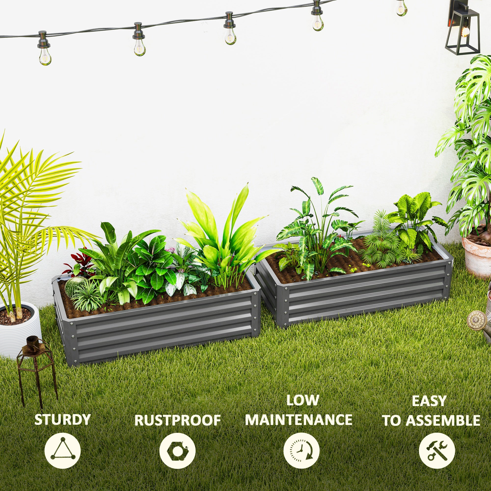 Outsunny Set of 2 Raised Garden Bed, Steel Planters for Outdoor Plants, Elevated Planter Box, Easy-to-assemble, for Growing Flowers, Herbs and Vegetables, Light Grey