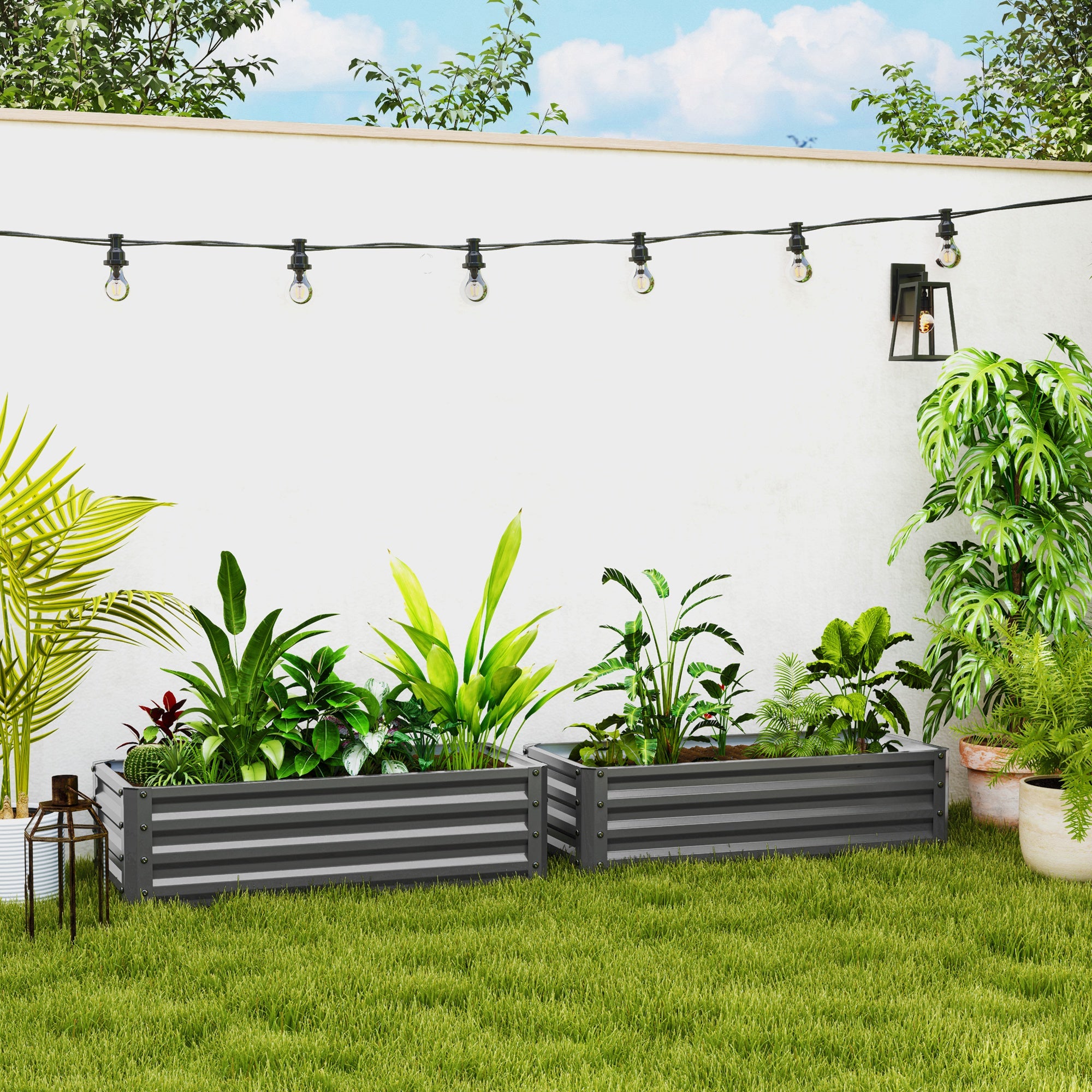 Outsunny Set of 2 Raised Garden Bed, Steel Planters for Outdoor Plants, Elevated Planter Box, Easy-to-assemble, for Growing Flowers, Herbs and Vegetables, Light Grey