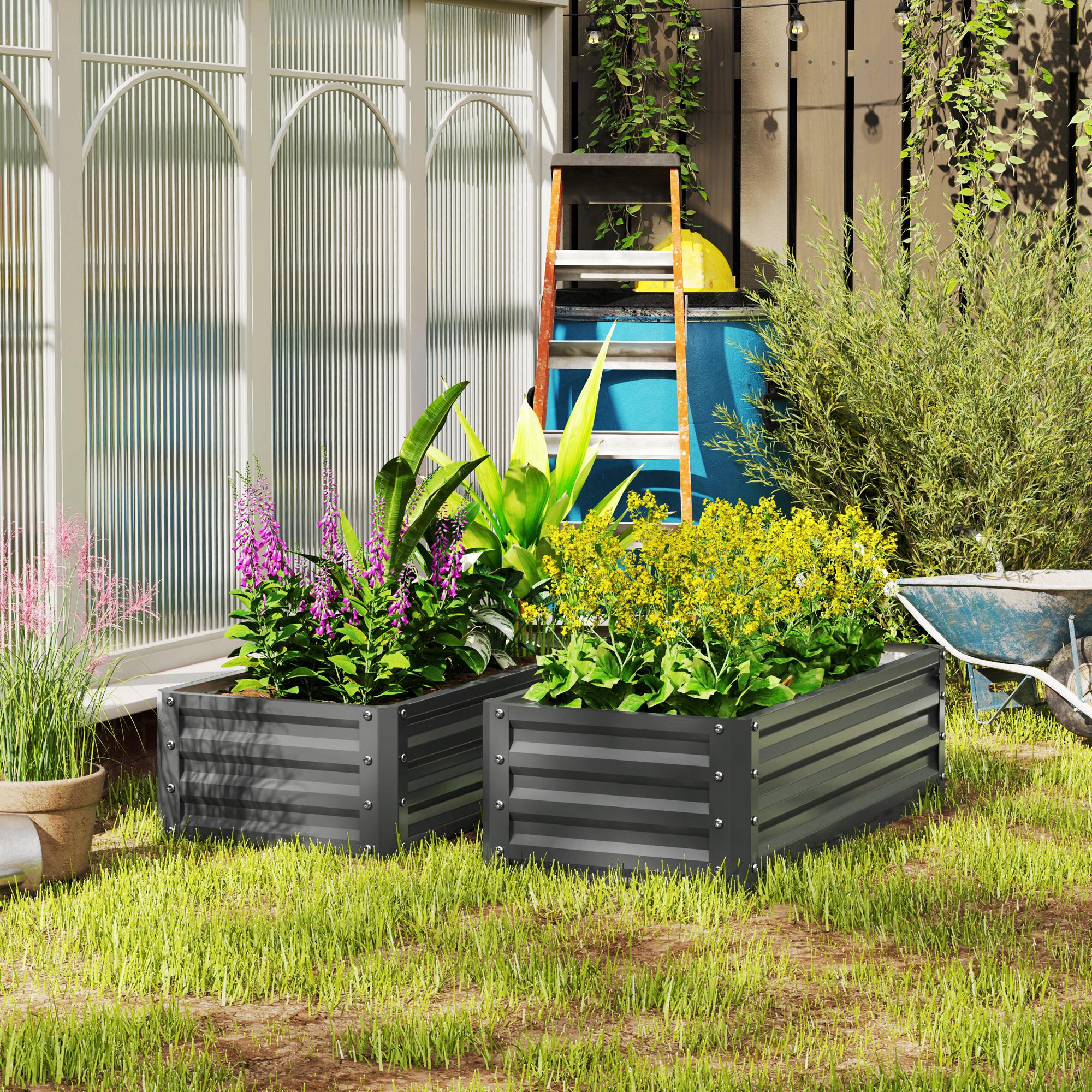 Outsunny Set of 2 Raised Garden Bed, Steel Planters for Outdoor Plants, Elevated Planter Box, Easy-to-assemble, for Growing Flowers, Herbs and Vegetables, Light Grey