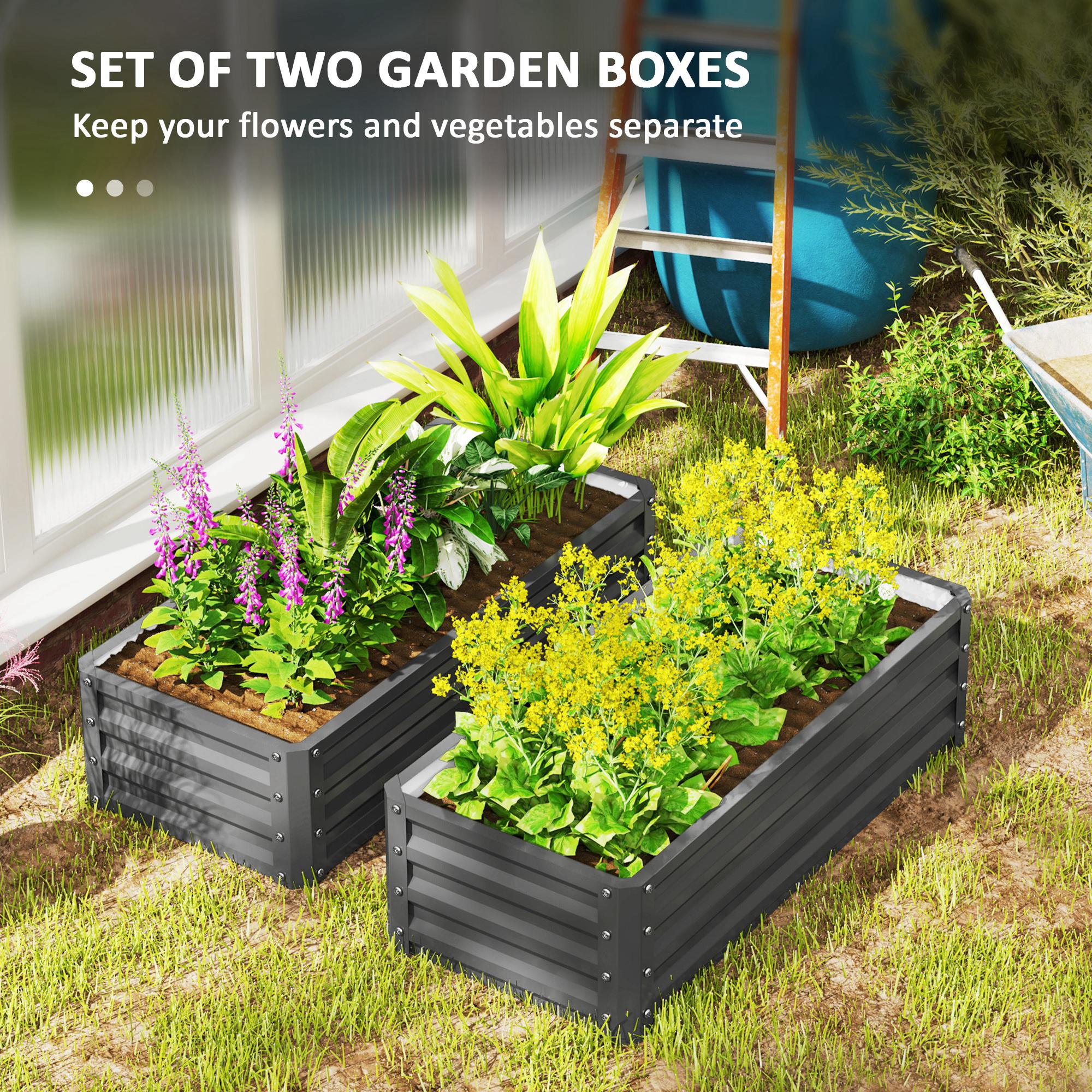 Outsunny Set of 2 Raised Garden Bed, Steel Planters for Outdoor Plants, Elevated Planter Box, Easy-to-assemble, for Growing Flowers, Herbs and Vegetables, Light Grey