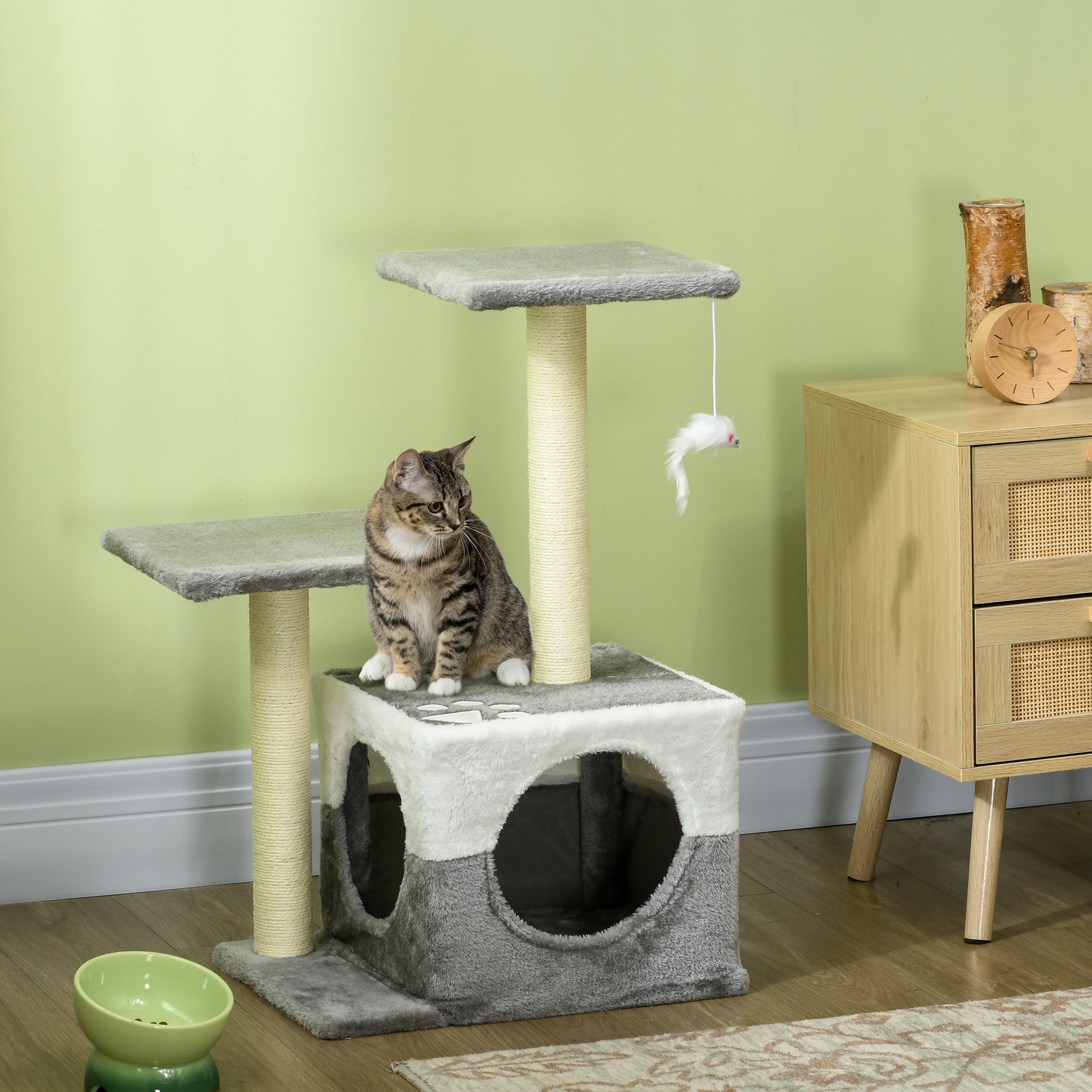 PawHut Cat Tree Tower for Indoor Cats Kitten House Scratching Posts with Condo Perch Interactive Mouse Toy, 45 x 33 x 70 cm, Grey