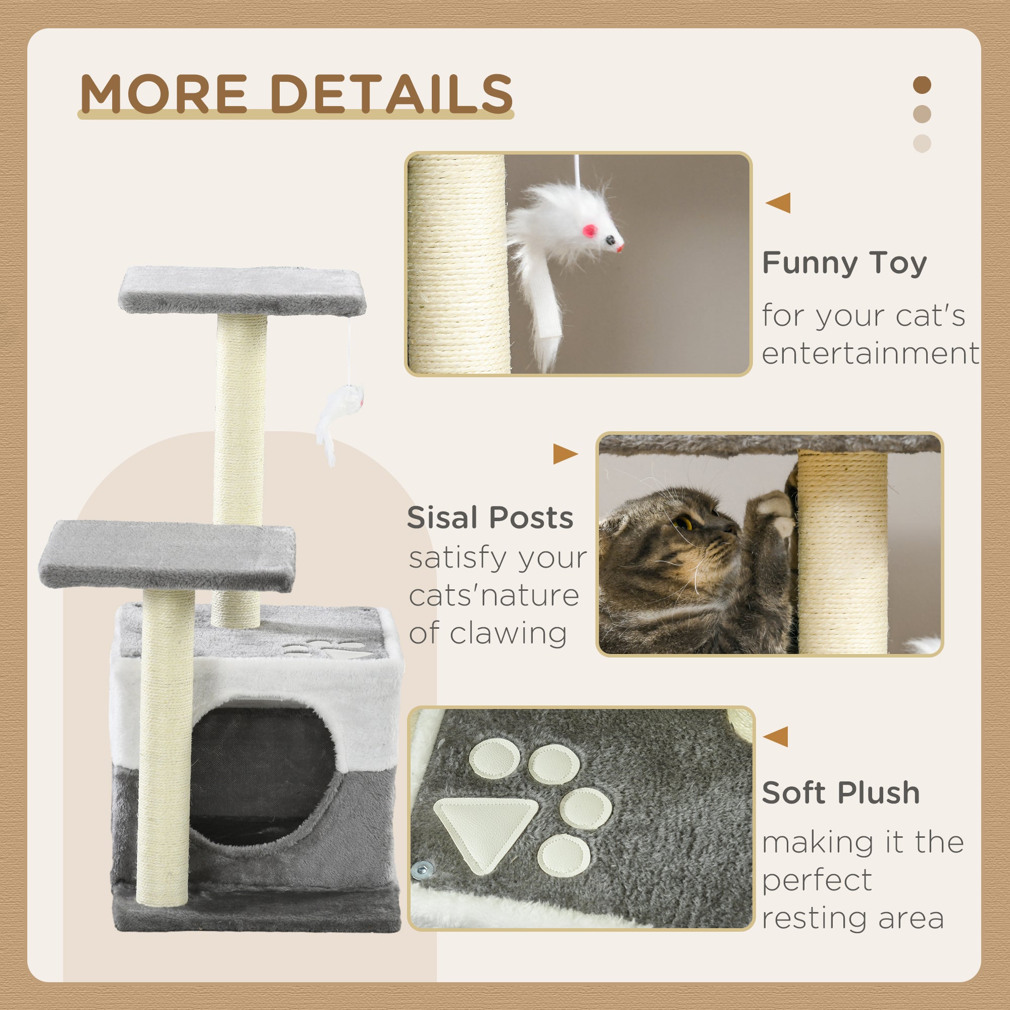 PawHut Cat Tree Tower for Indoor Cats Kitten House Scratching Posts with Condo Perch Interactive Mouse Toy, 45 x 33 x 70 cm, Grey