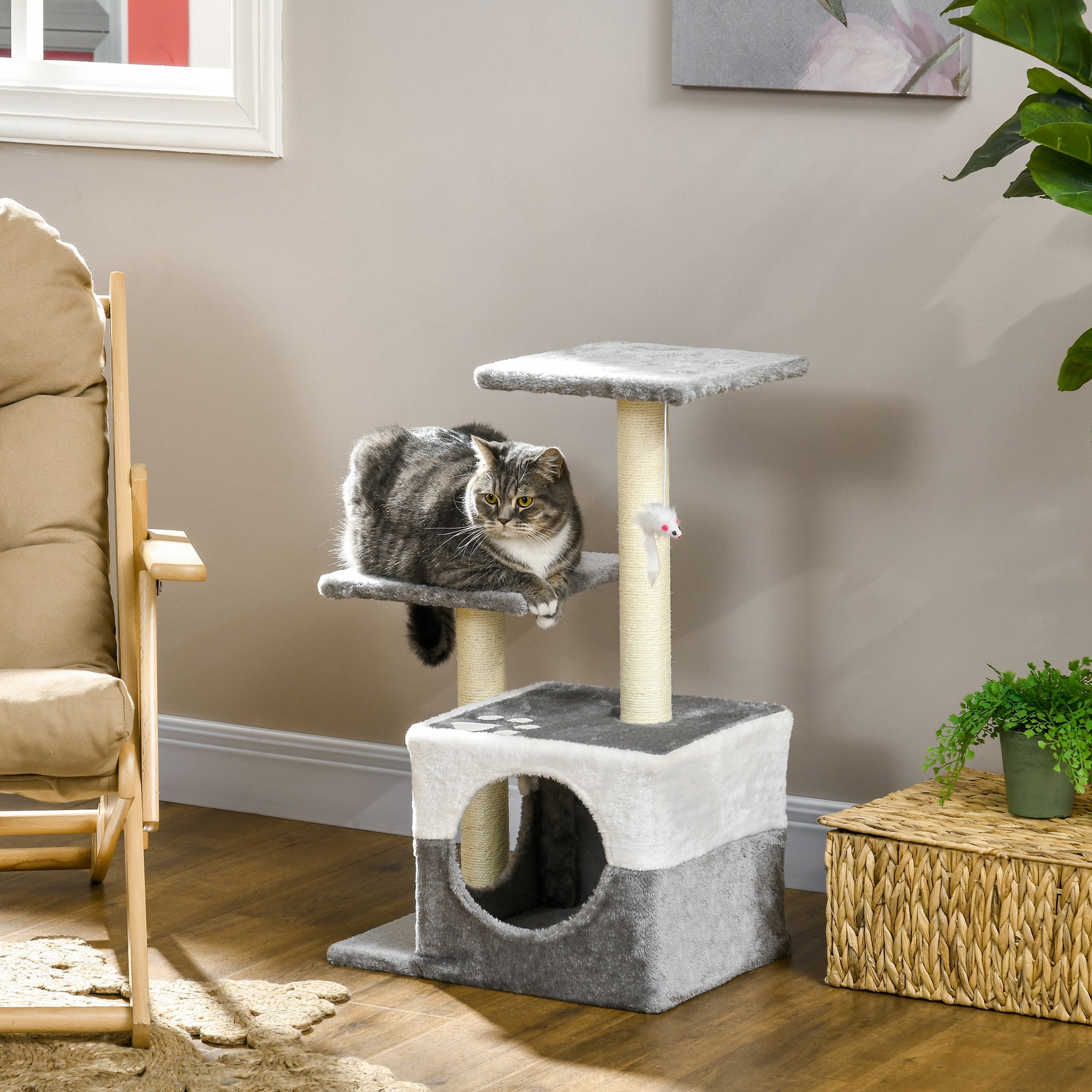 PawHut Cat Tree Tower for Indoor Cats Kitten House Scratching Posts with Condo Perch Interactive Mouse Toy, 45 x 33 x 70 cm, Grey