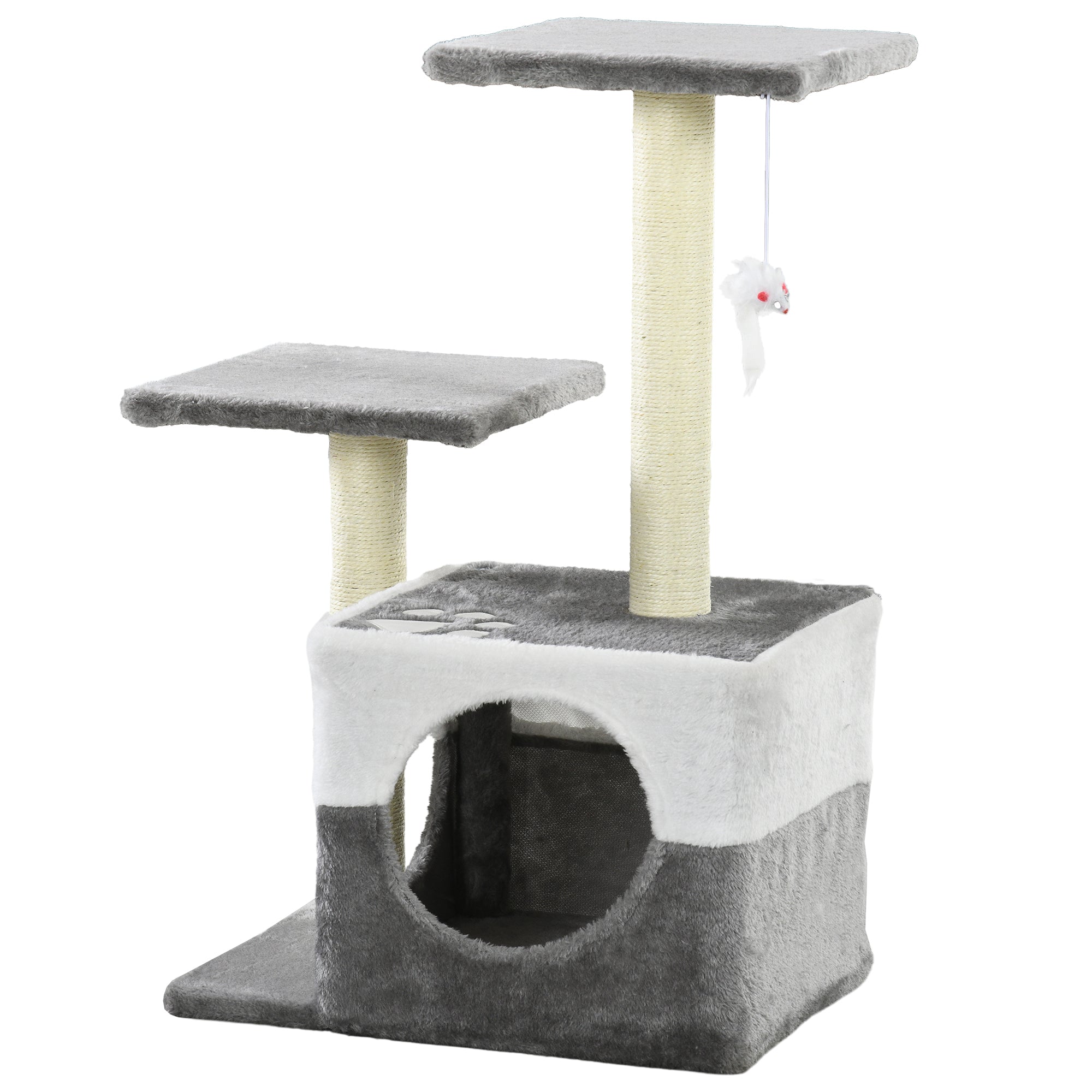 PawHut Cat Tree Tower for Indoor Cats Kitten House Scratching Posts with Condo Perch Interactive Mouse Toy, 45 x 33 x 70 cm, Grey