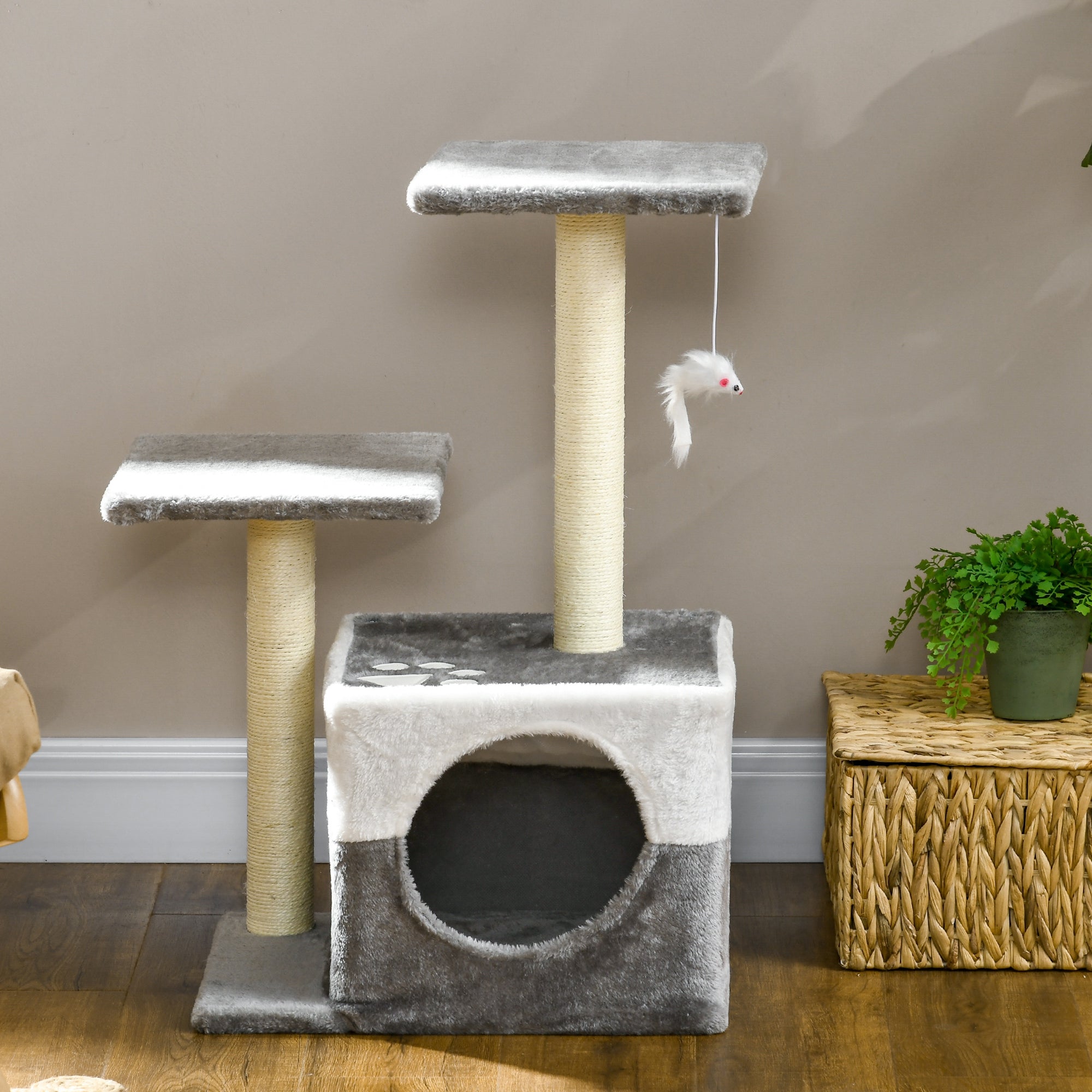 PawHut Cat Tree Tower for Indoor Cats Kitten House Scratching Posts with Condo Perch Interactive Mouse Toy, 45 x 33 x 70 cm, Grey