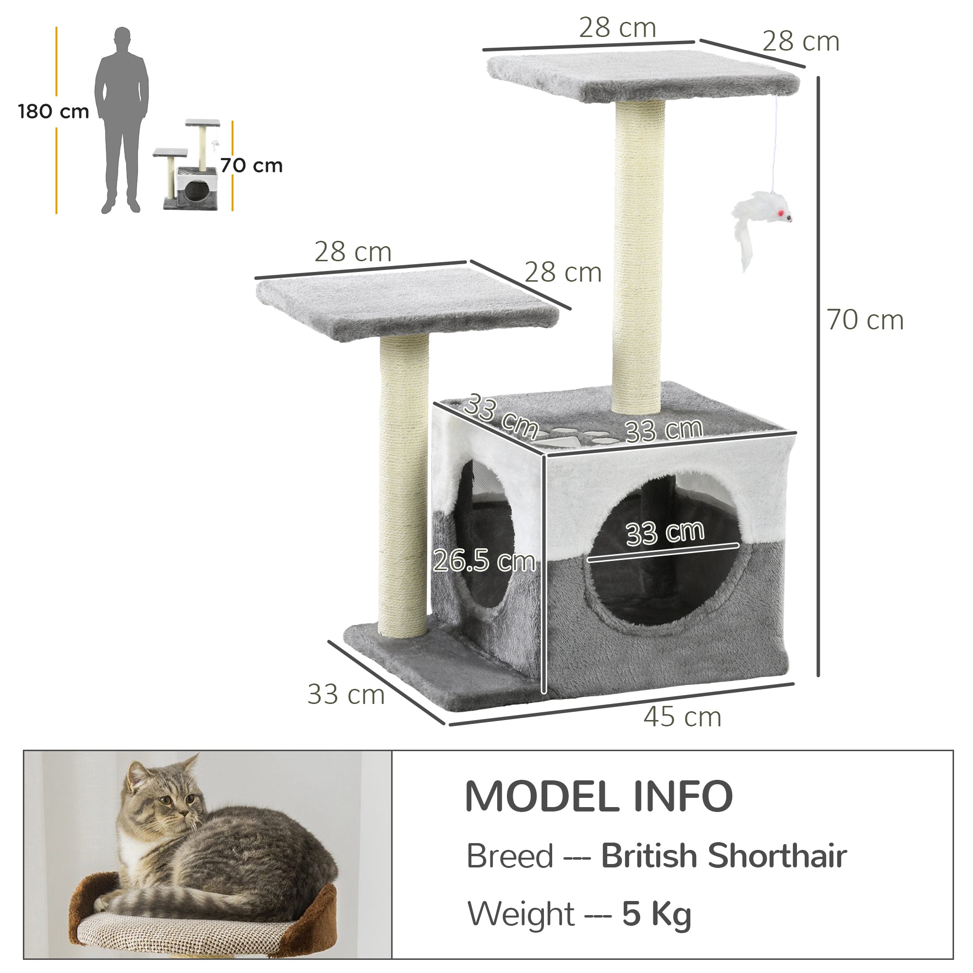 PawHut Cat Tree Tower for Indoor Cats Kitten House Scratching Posts with Condo Perch Interactive Mouse Toy, 45 x 33 x 70 cm, Grey