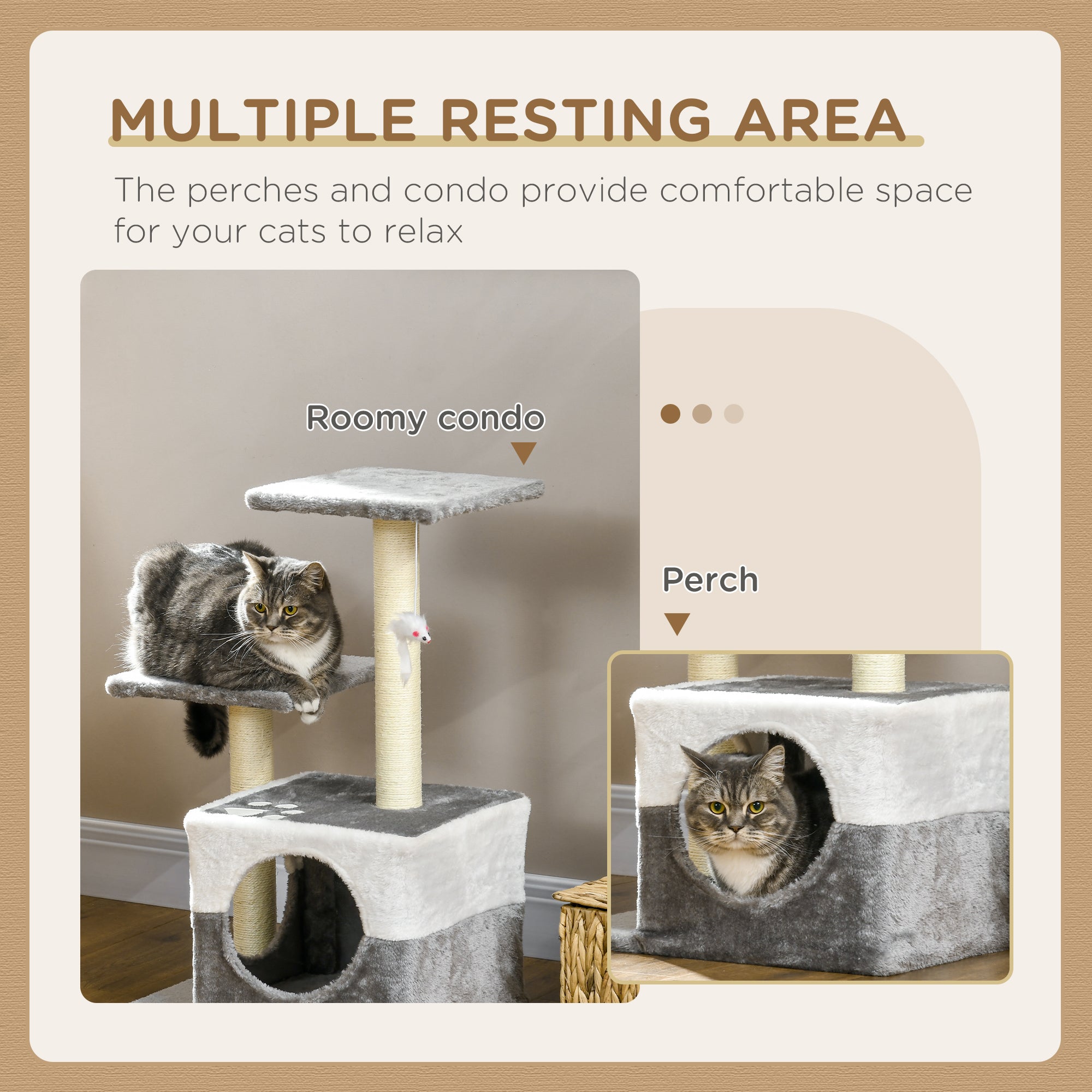 PawHut Cat Tree Tower for Indoor Cats Kitten House Scratching Posts with Condo Perch Interactive Mouse Toy, 45 x 33 x 70 cm, Grey