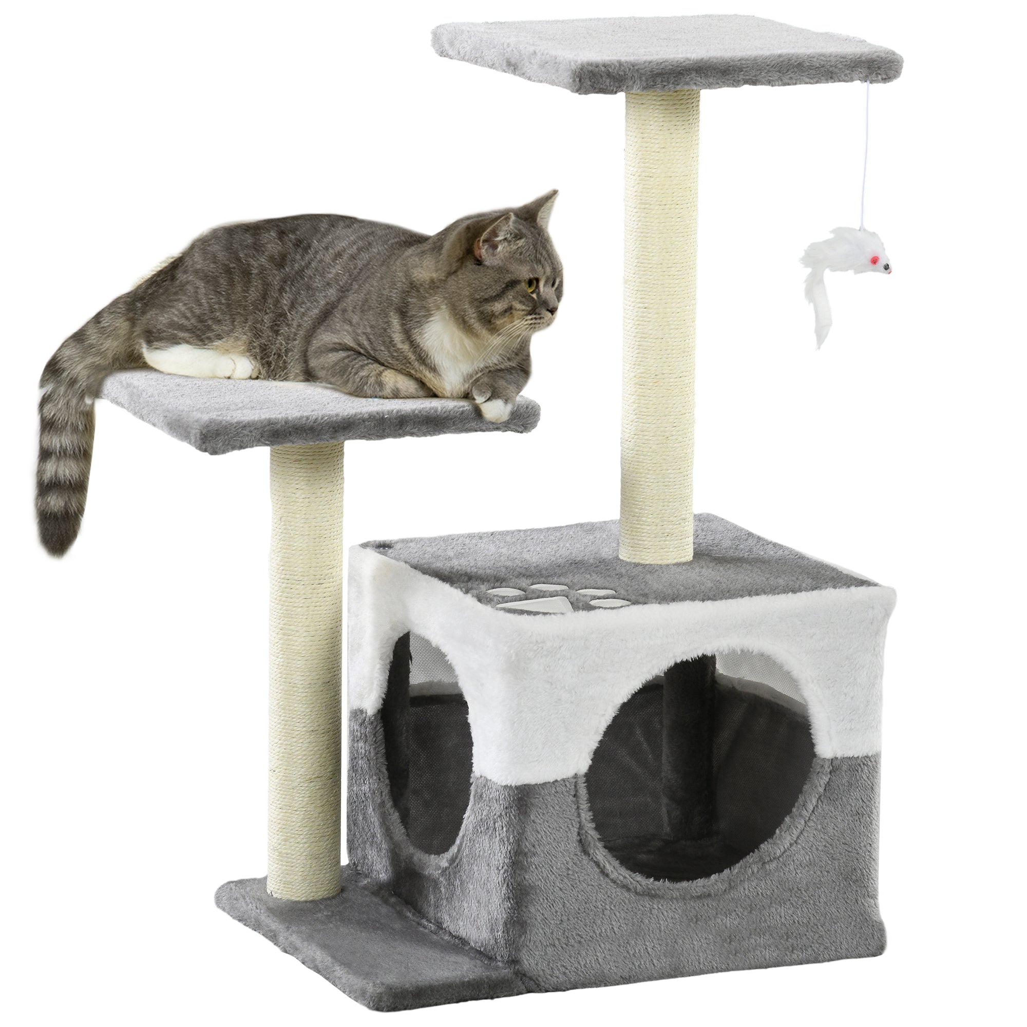PawHut Cat Tree Tower for Indoor Cats Kitten House Scratching Posts with Condo Perch Interactive Mouse Toy, 45 x 33 x 70 cm, Grey