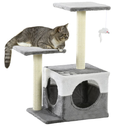 PawHut Cat Tree Tower for Indoor Cats Kitten House Scratching Posts with Condo Perch Interactive Mouse Toy, 45 x 33 x 70 cm, Grey