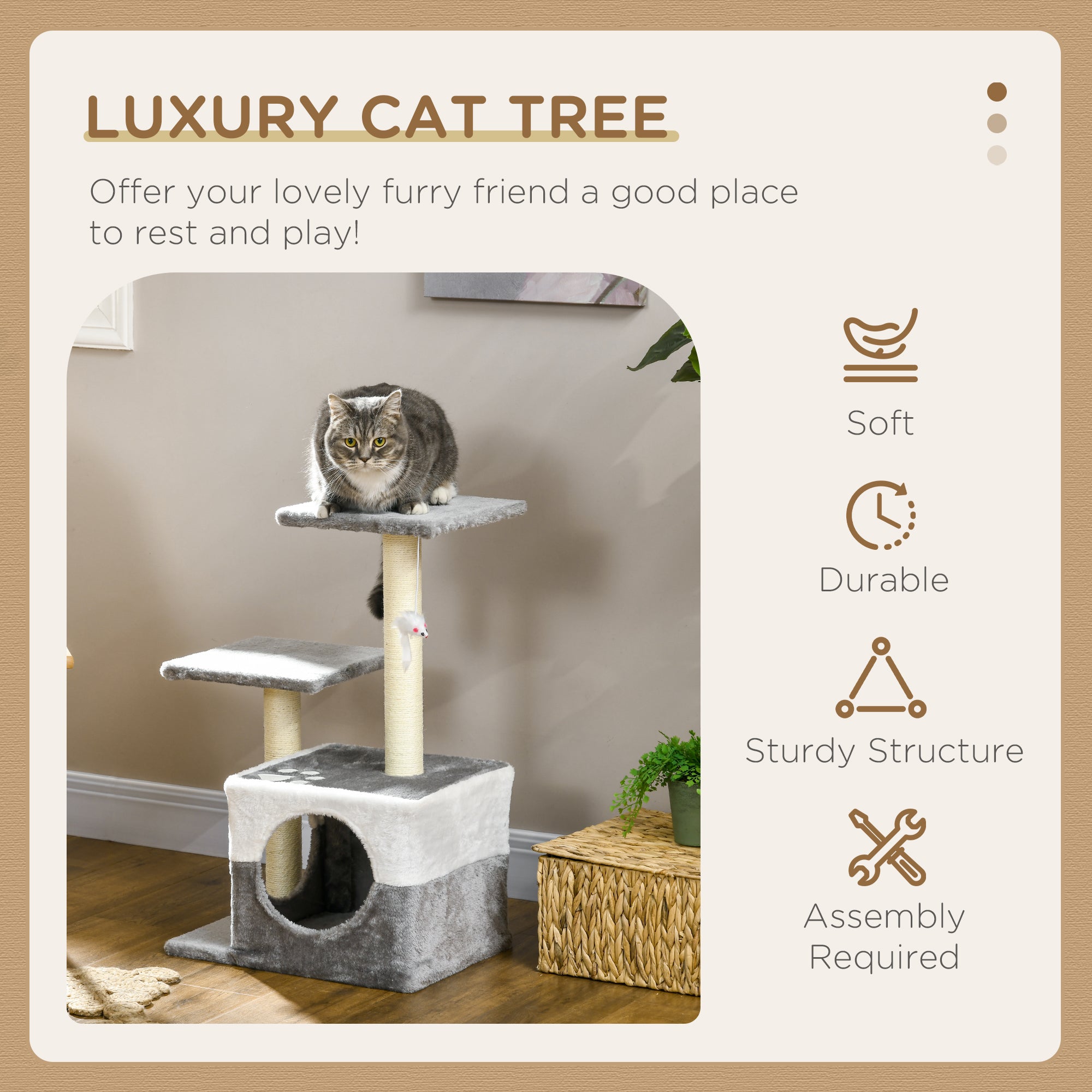 PawHut Cat Tree Tower for Indoor Cats Kitten House Scratching Posts with Condo Perch Interactive Mouse Toy, 45 x 33 x 70 cm, Grey