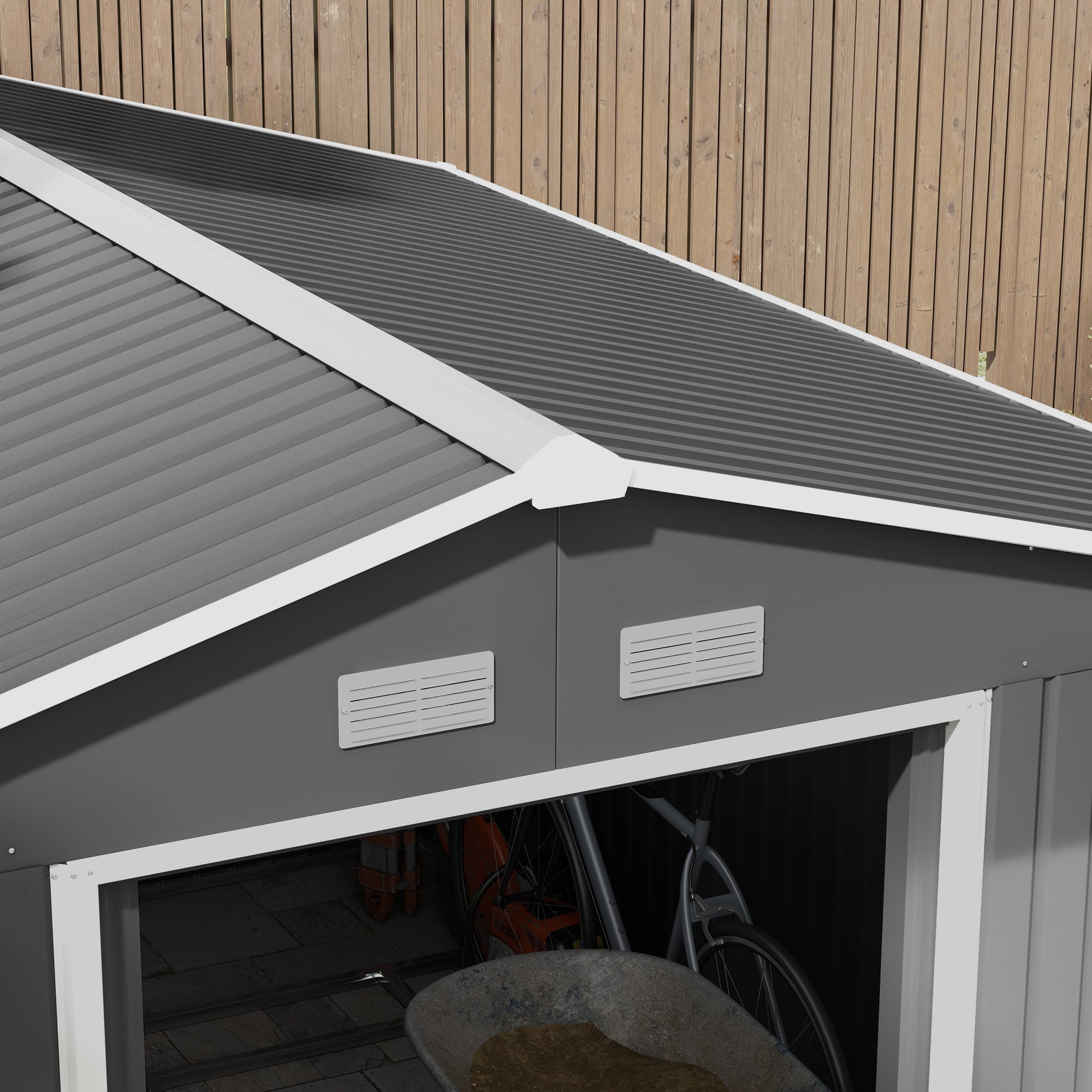 Outsunny 9' x 10.6' Garden Storage Shed with Foundation Kit, Metal Tool Storage House with Double Doors for Outdoor Patio Yard, Light Grey