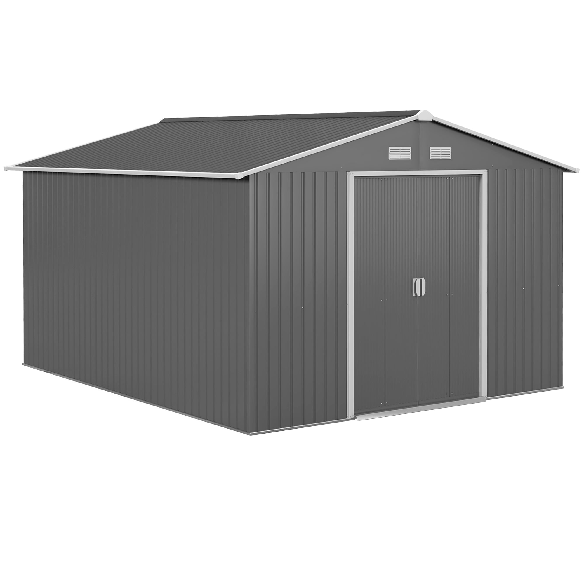 Outsunny 9' x 10.6' Garden Storage Shed with Foundation Kit, Metal Tool Storage House with Double Doors for Outdoor Patio Yard, Light Grey