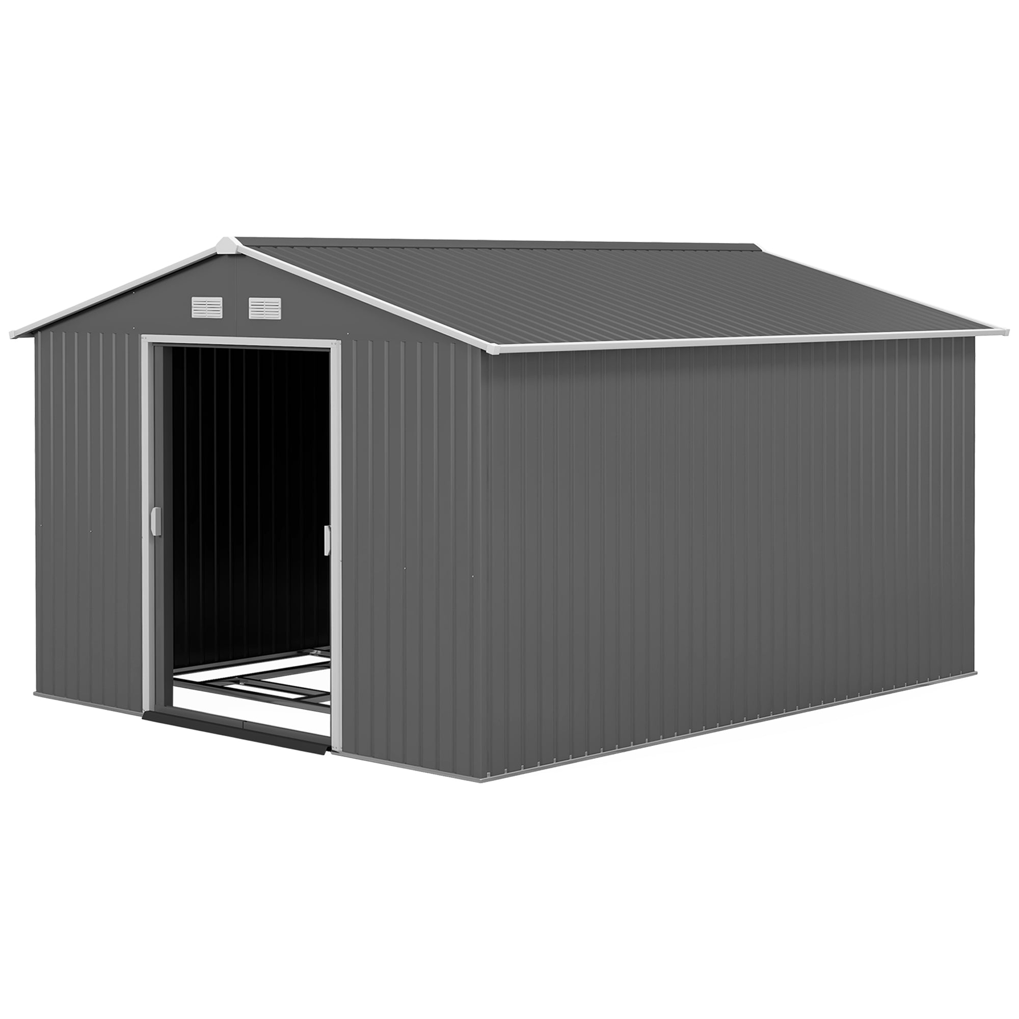 Outsunny 9' x 10.6' Garden Storage Shed with Foundation Kit, Metal Tool Storage House with Double Doors for Outdoor Patio Yard, Light Grey