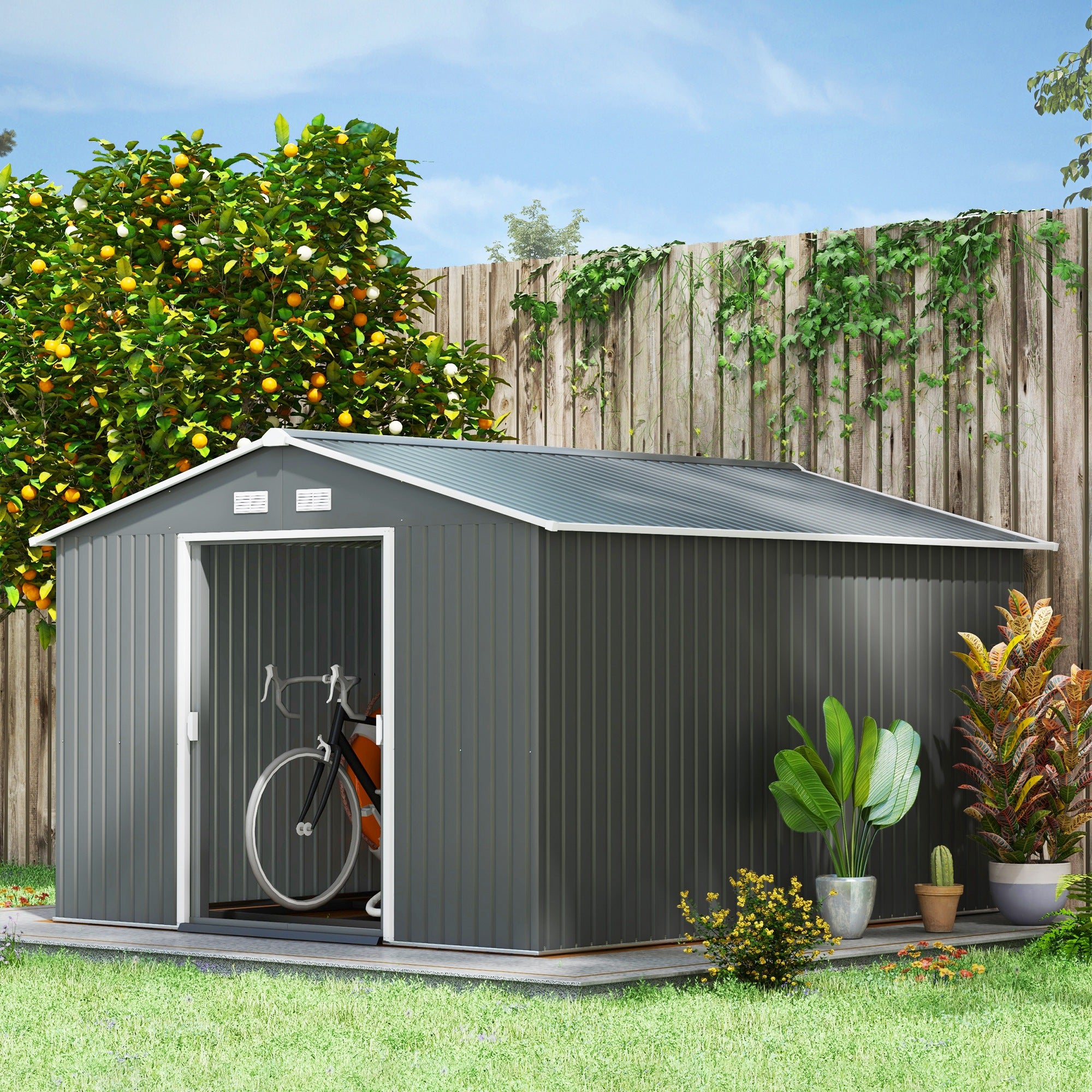 Outsunny 9' x 10.6' Garden Storage Shed with Foundation Kit, Metal Tool Storage House with Double Doors for Outdoor Patio Yard, Light Grey